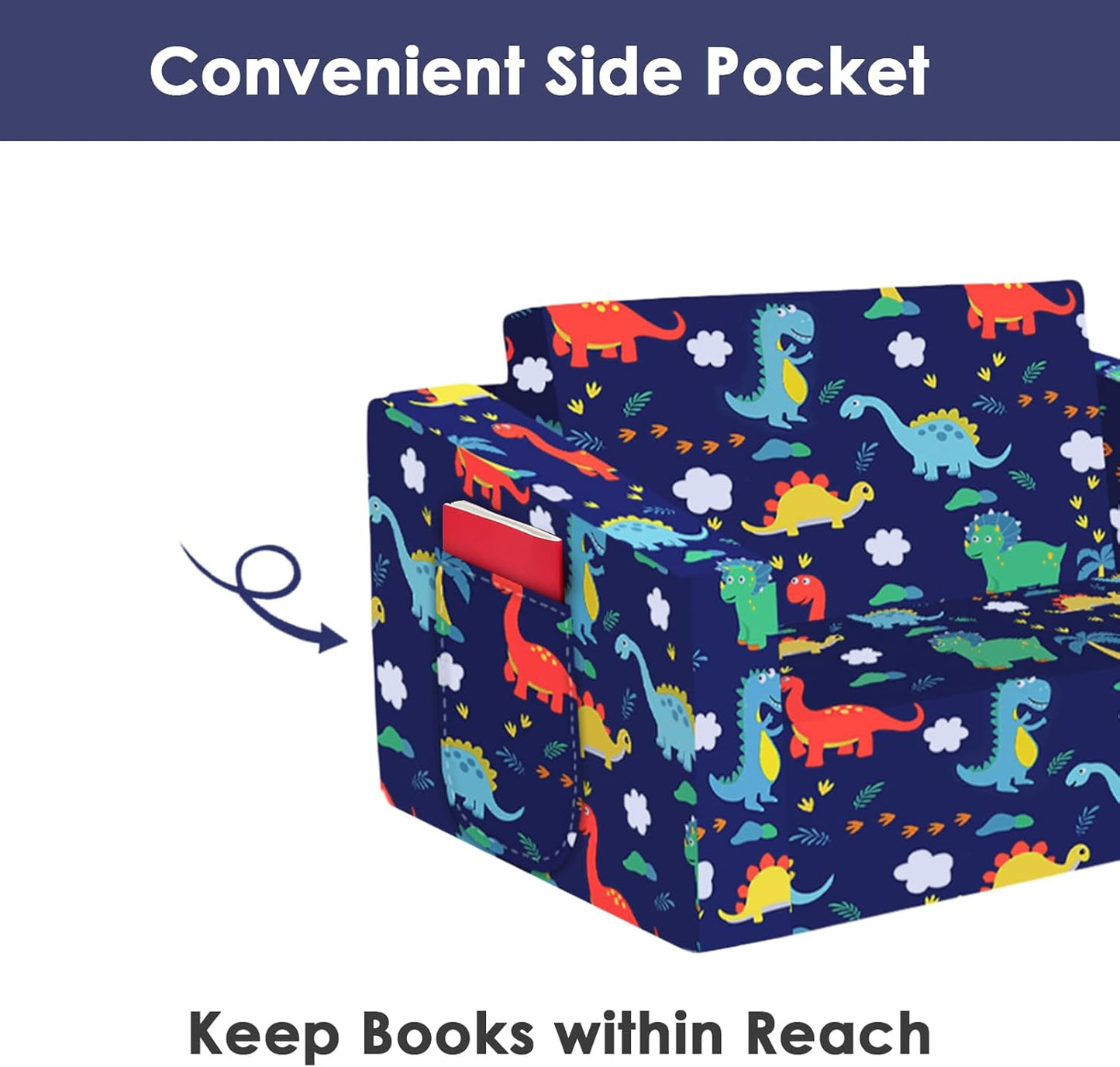 Kids Couch Convertible Sofa to Lounger for Toddler Boy, Foldable 2-in-1 Kids Sofa Bed, Toddler Chairs Comfy for Bedroom Playroom, Blue Dinosaur