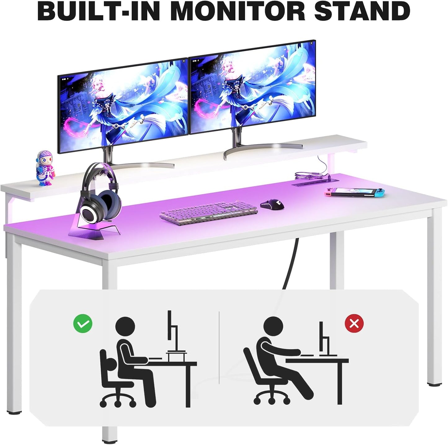 DlandHome Computer Desk 60” with LED Lights &Power Outlets, Writing Desk with Monitor Stand, Work Study Desk for Home Office, White