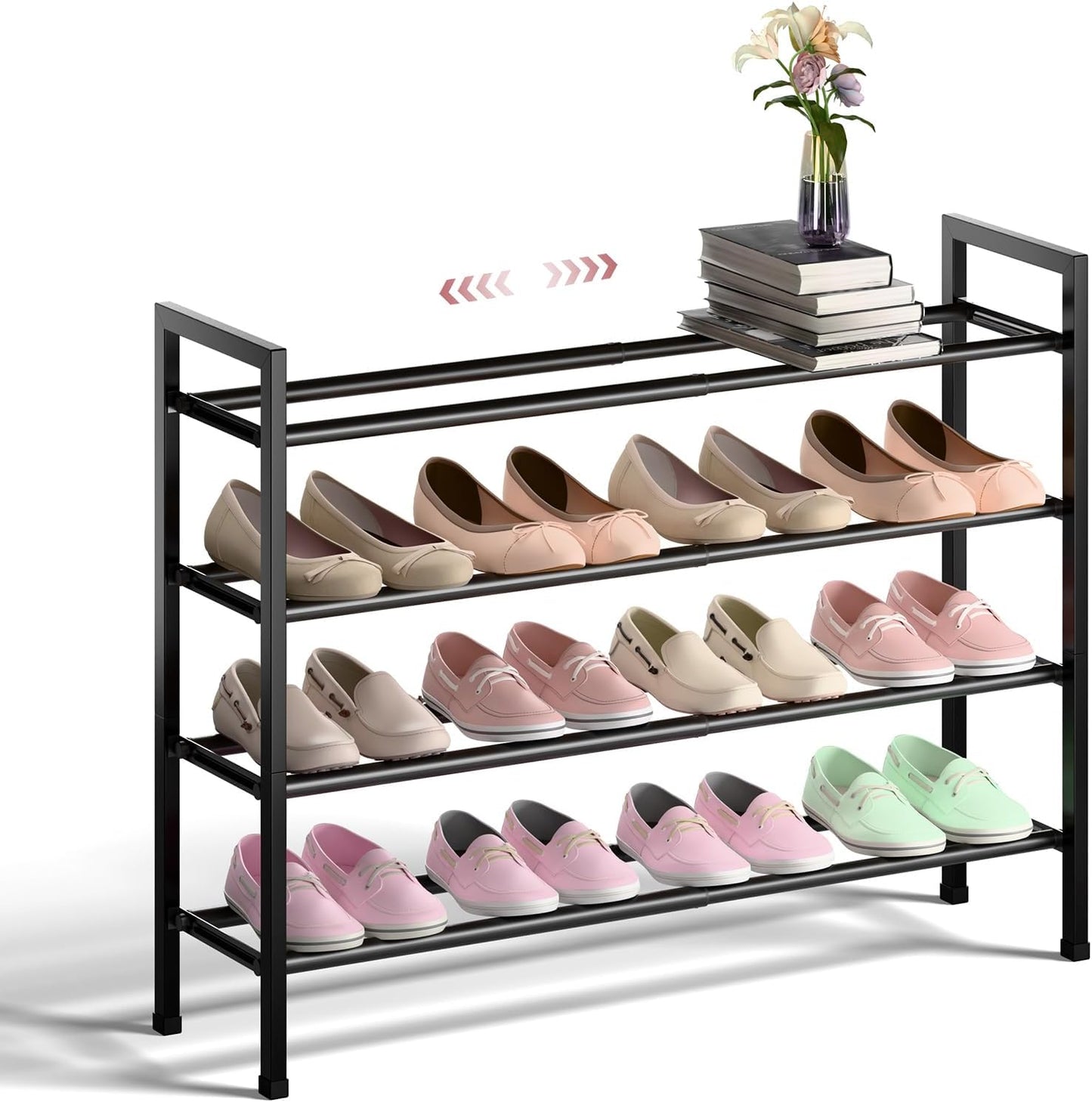 Bumusty 4-Tier Expandable Shoe Rack for Closet, 18“-33” Adjustable Shoe Rack for Small Space, Small Shoe Organizer for Front Door, Sturdy Metal, Dark Black