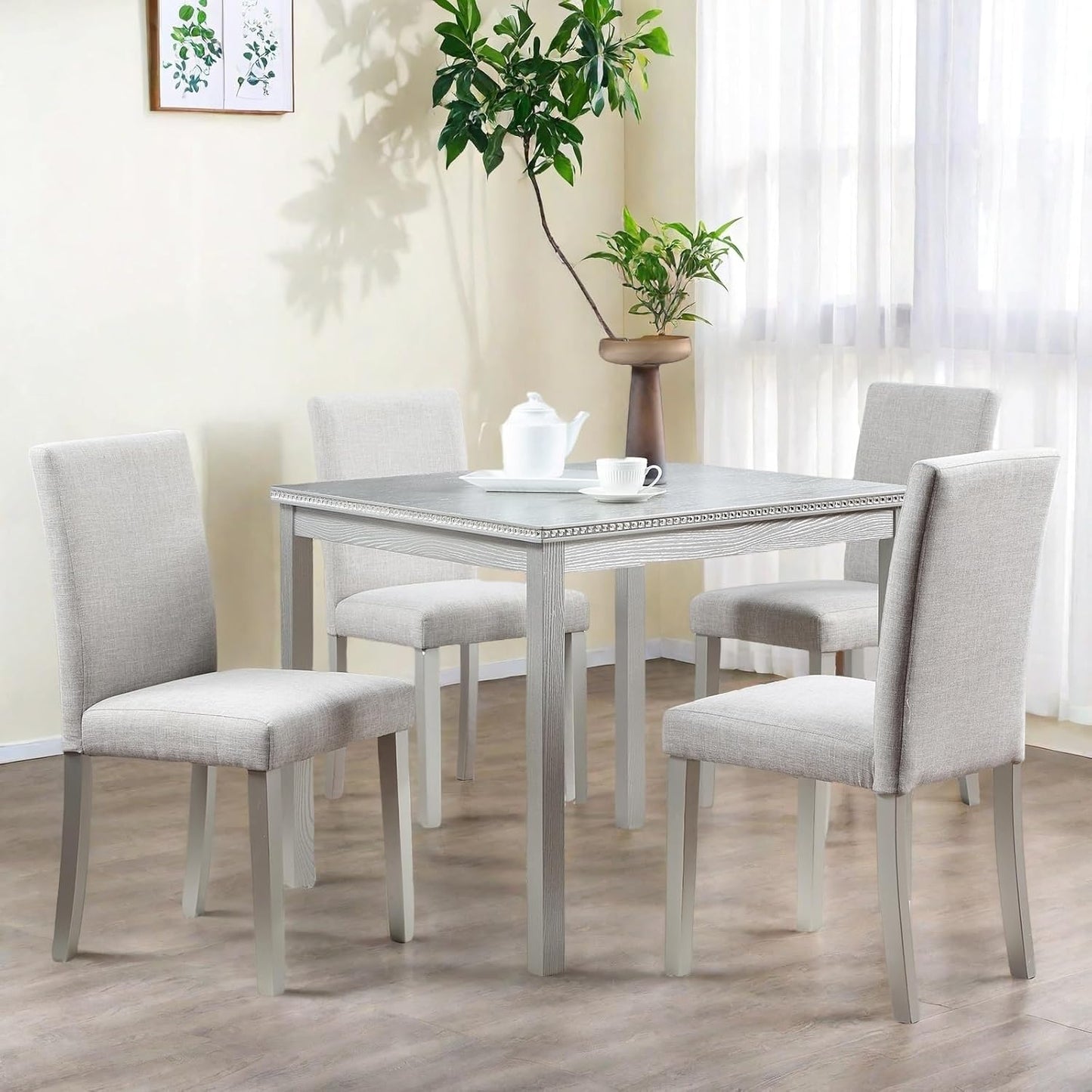 Dining Table Set for 4, 5-Piece Dining Room Table Set with Square Crystal Decoration Table & 4 Upholstered Backrest Chairs, Counter Height Kitchen Sets with Faux Wood Grain Design, Silver Gray