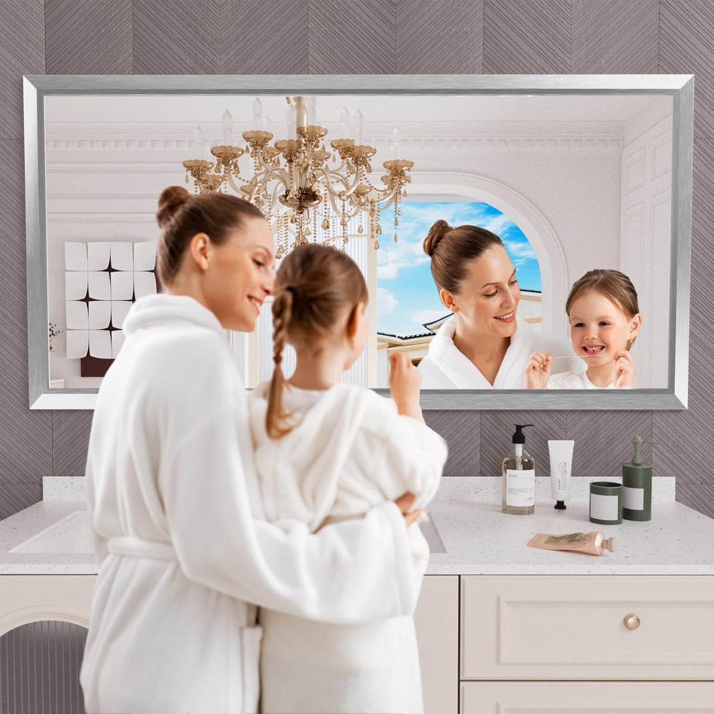 Amorho 72 X36 Inch Bathroom Mirror Silver, Thick Metal Framed Wall Mirrors for Over Sink, Brushed Nickel Mirror Perfect for Bedroom, Living Room, Entryway, Rectangle (Horizontal/Vertical).
