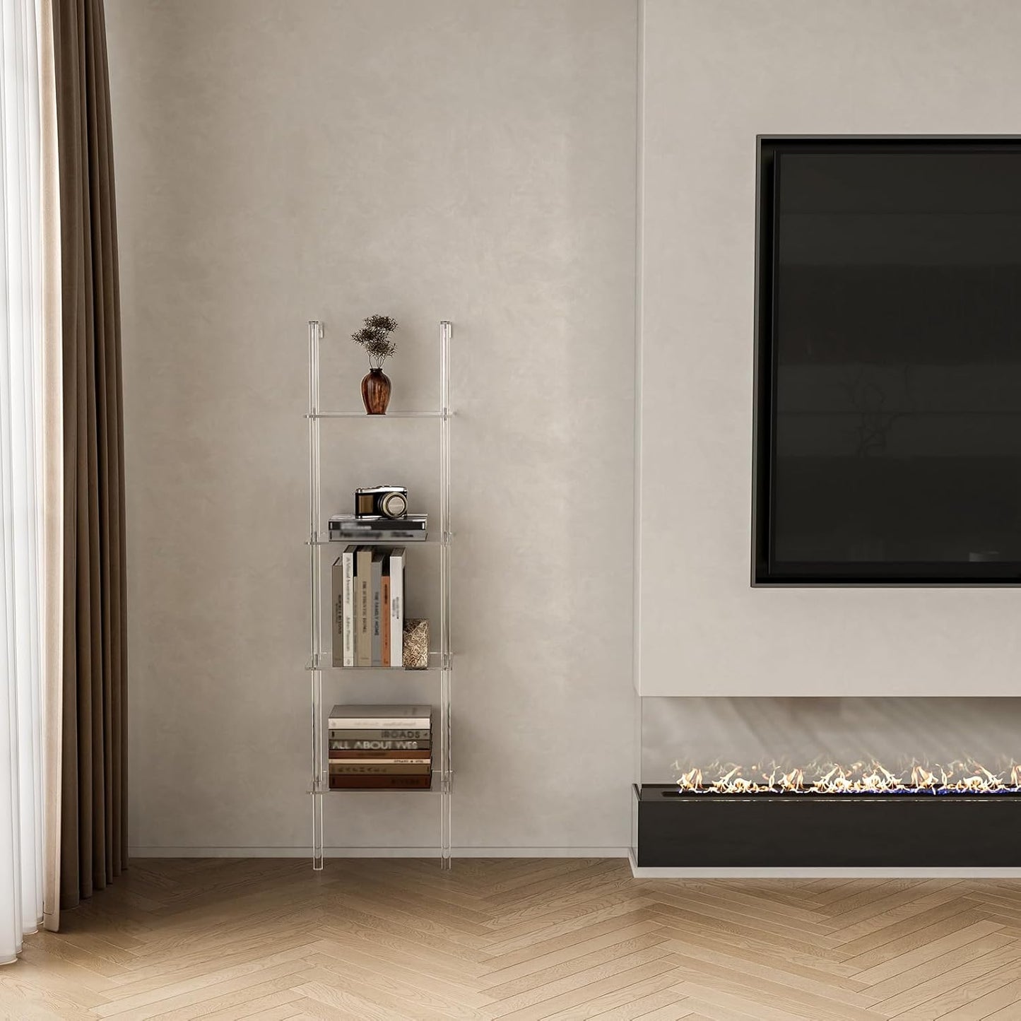 Small Acrylic Ladder Bookshelf, 9.5" D x 15.6" W, 4-Tier Clear Wall Mounted Book Shelf for Small Spaces, Multipurpose Bookcase for Living Room, Bathroom, Office, Modern, 59" H