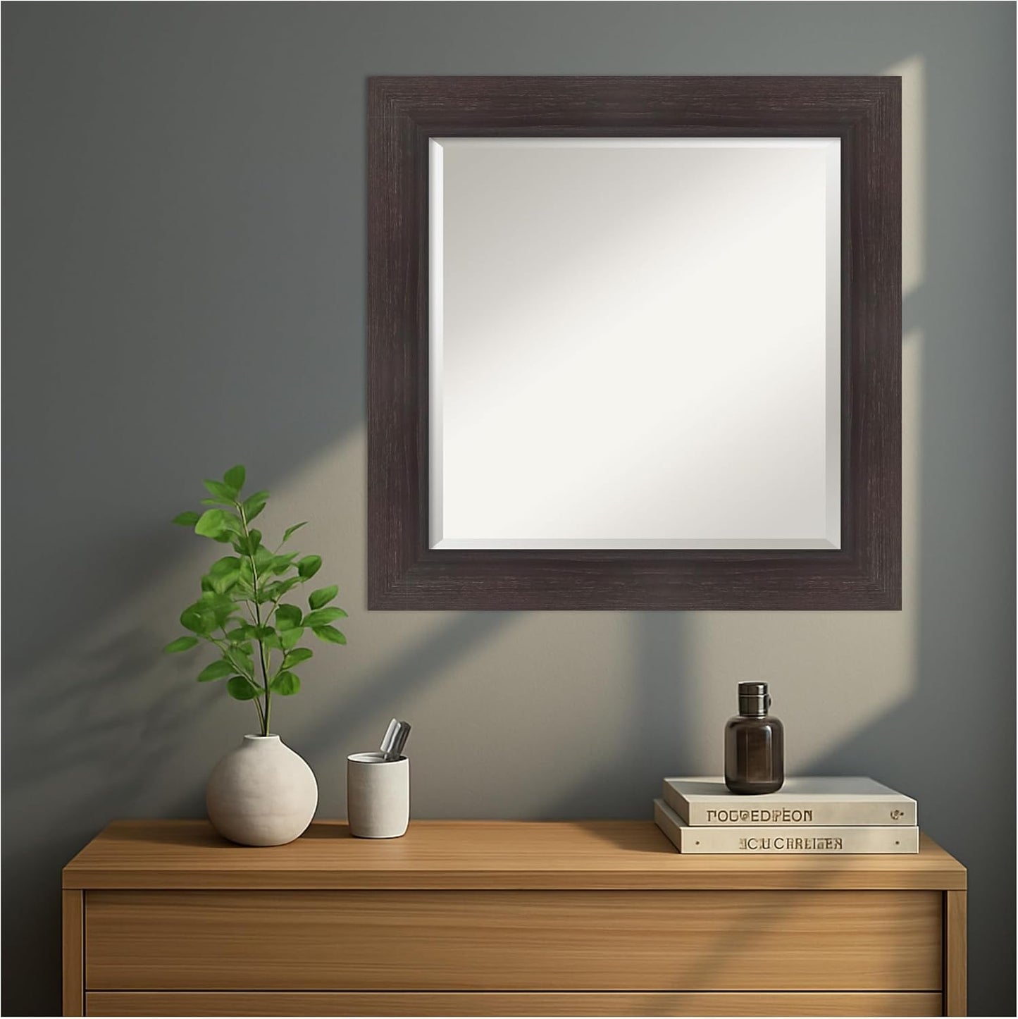 Amanti Art Brown Wall Mirror 26x26 Sloped Espresso Square Bathroom Mirror for Wall Decor Living Room, Medium Modern Contemporary Frame, Hangs Horizonally and Vertically, Bathroom Decor, Beveled Edge