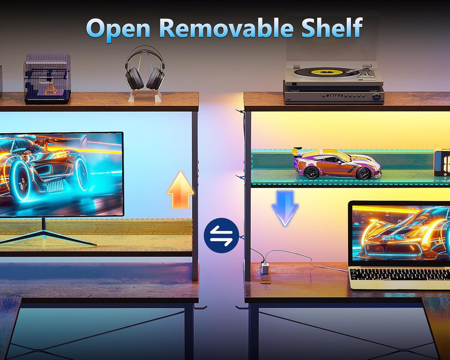 Casaottima Gaming Desk with Power Outlets & LED Lights, 43 Inch Reversible L Shaped Computer Desk with Shelves & Storage Bag, Corner Desk for Home Office, Vintage