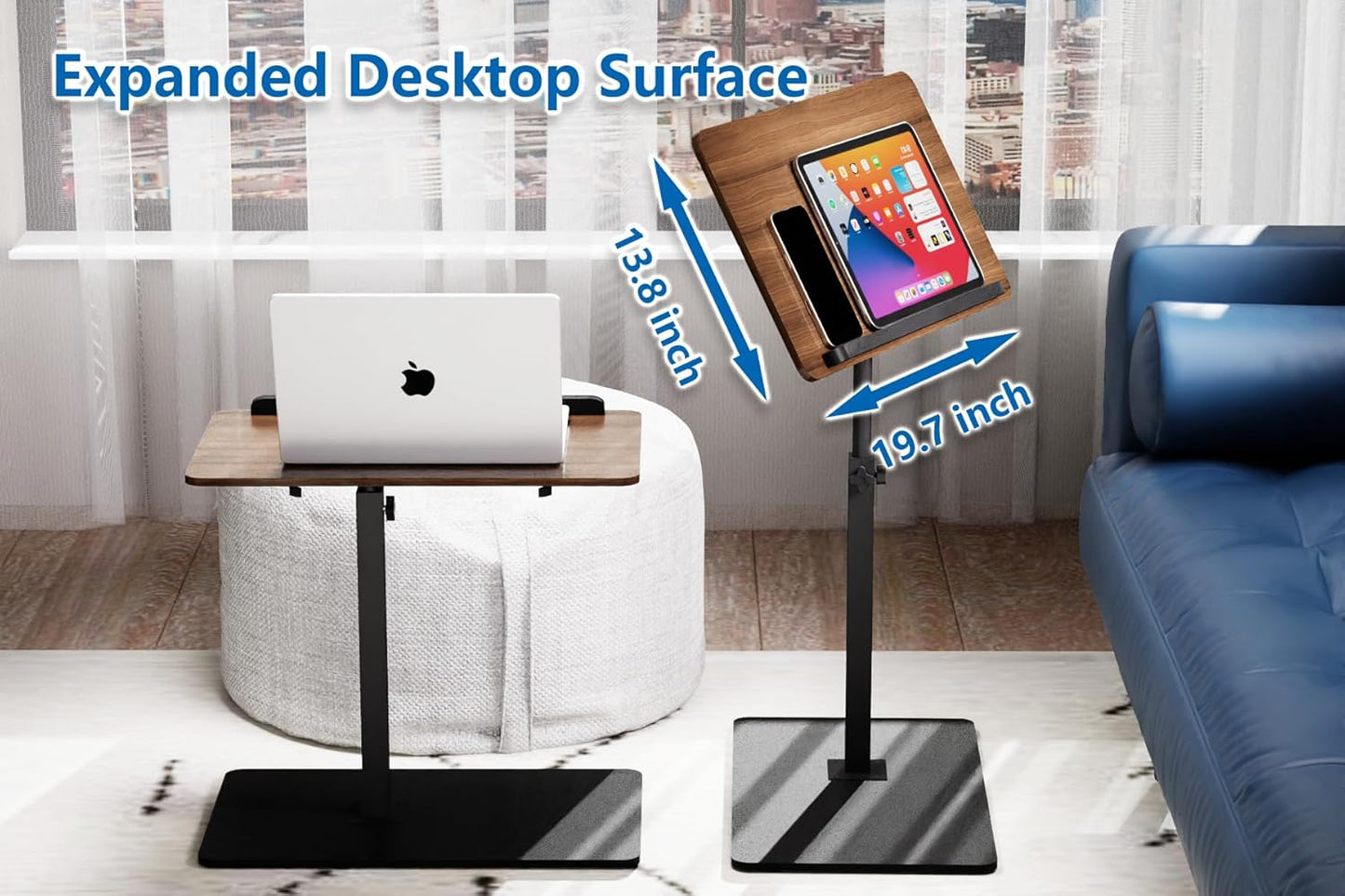 C Shaped End Table,20" W x 14" L,17"-31" Adjustable Height,Swivel and Turnable Desktop,Foldable Side Table for Small Spaces,Black Walnut (Black Walnut, 19.7" x 13.8")