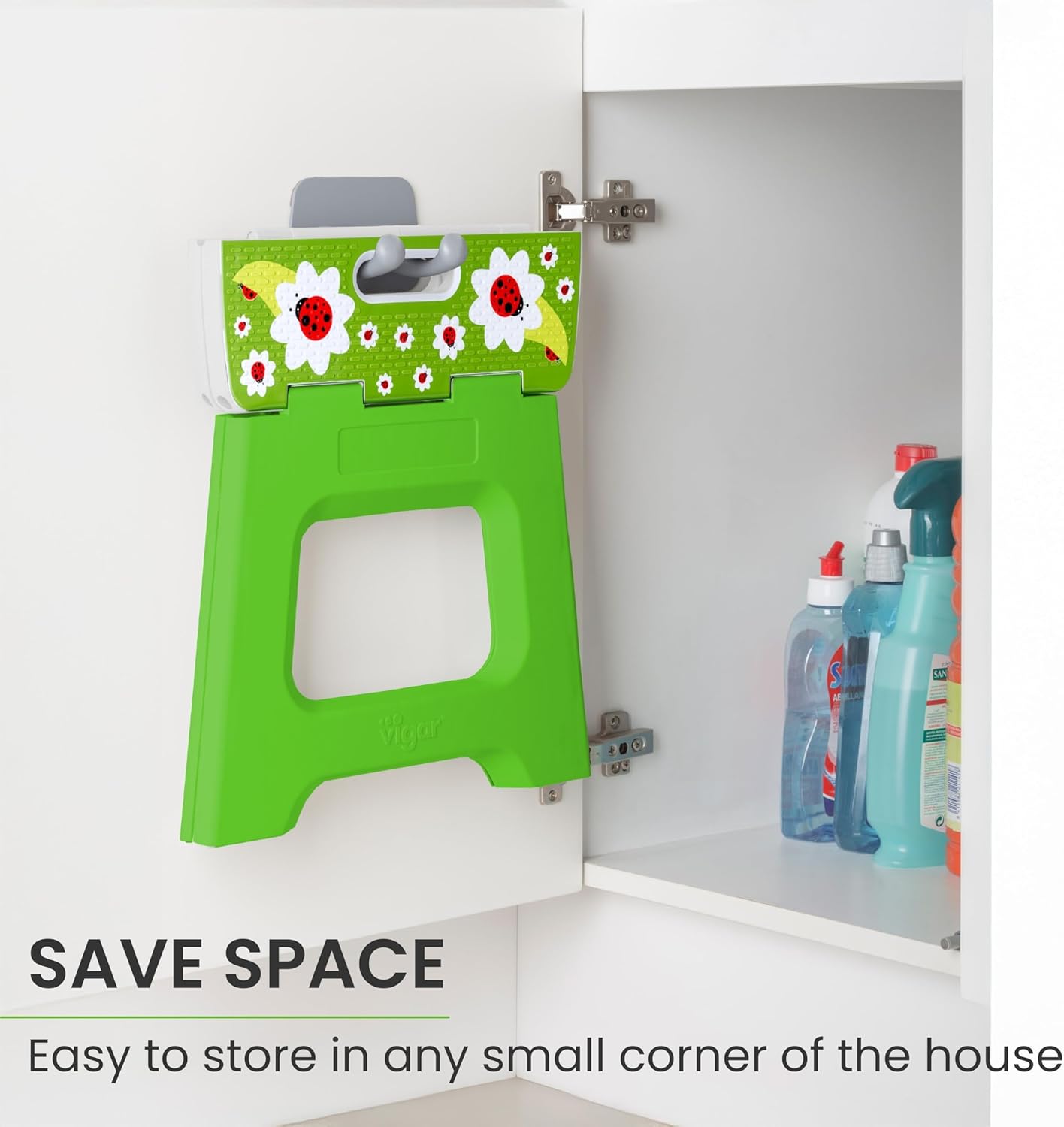 Vigar Compact Step Stool Foldable, 12-1/2-inch Step Stools for Adults up to 330 Pound, Lightweight Stool, Non-Slip Folding Step Stool, Ladybug on Top