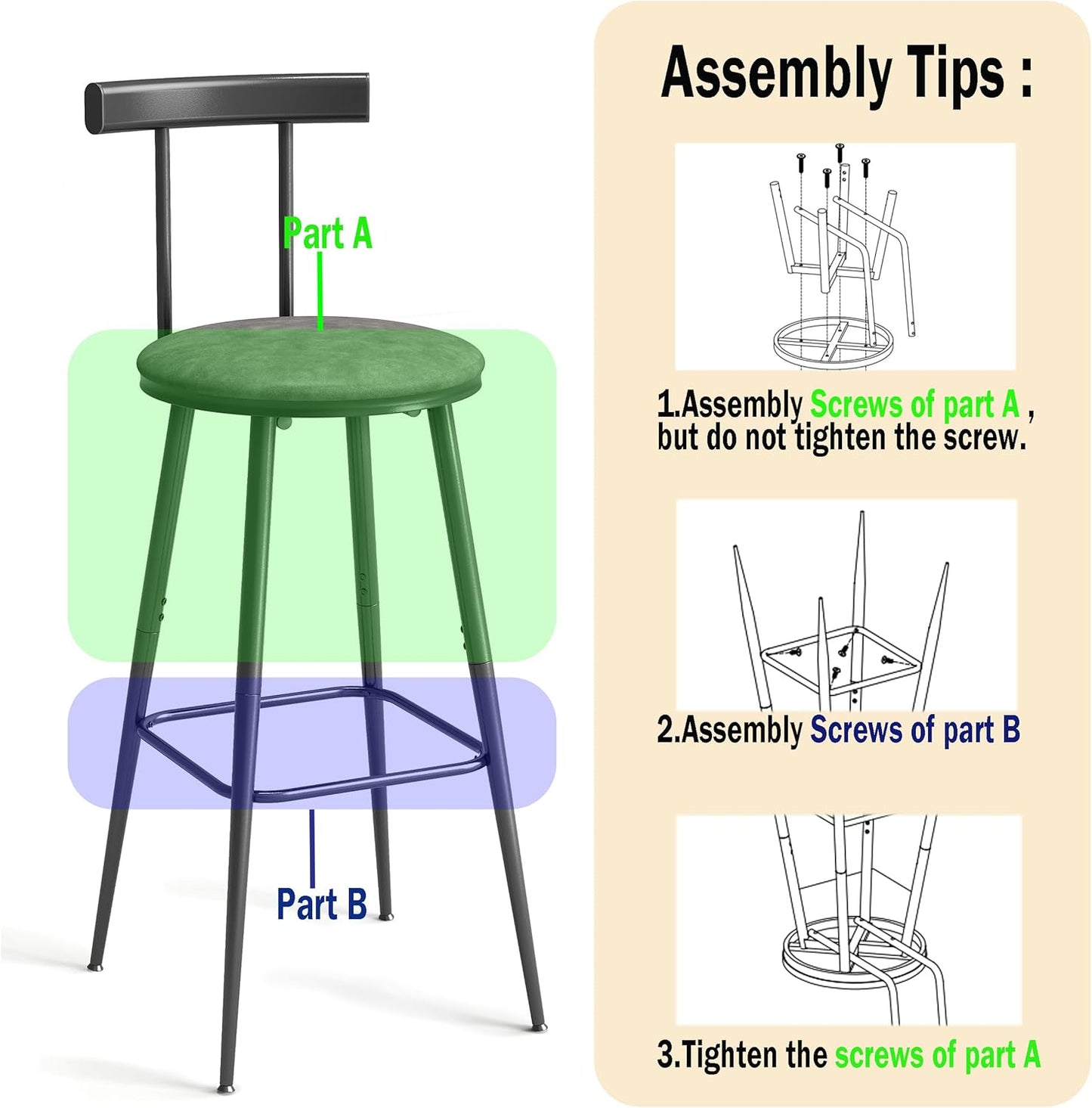 Bar Stools, Set of 2 High Kitchen Barstools, Bar Chairs with Backrest and Footrest, Industrial Counter Stools with PU Soft seat, for Kitchen, Living Room, Pub, Grey BS-013GR
