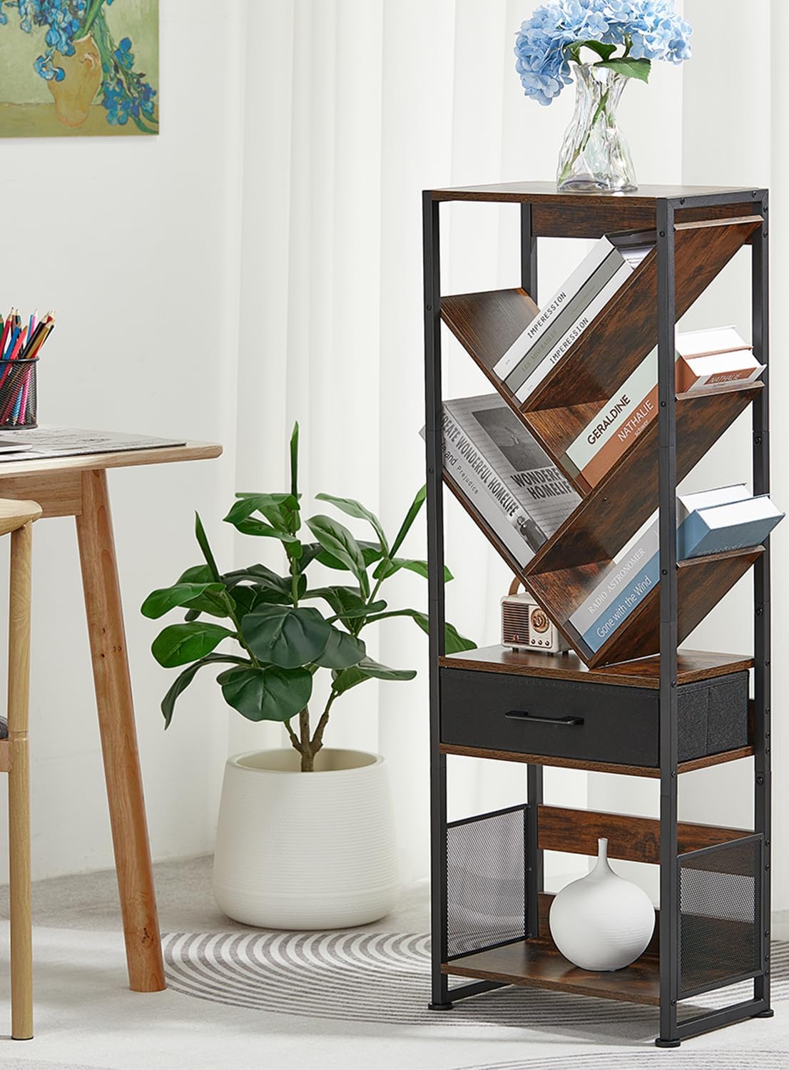 Bookshelf with Drawer,8 Tier Tree Bookcase Retro Floor Standing Bookshelves,Tall Wood Bookcases with Cabinet Storage Organizer for Living Room, Bedroom & Home Office, Classic