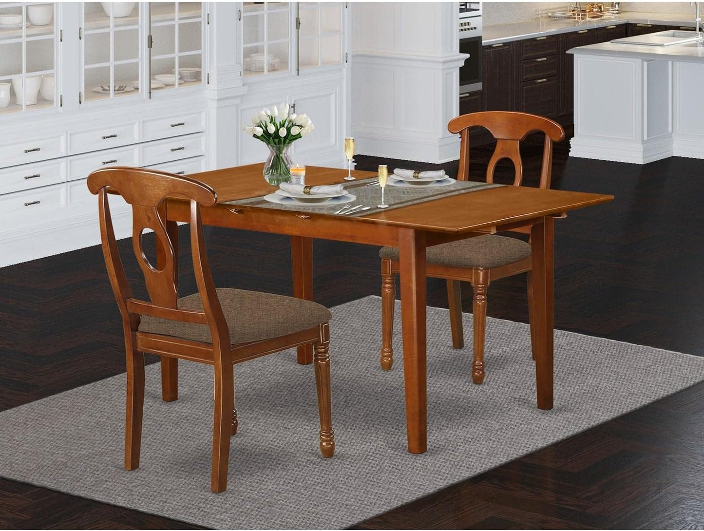 East West Furniture PSNA3-SBR-C 3 Piece Kitchen Table Set Contains a Rectangle Dining Room Table with Butterfly Leaf and 2 Linen Fabric Upholstered Dining Chairs, 32x60 Inch, Saddle Brown