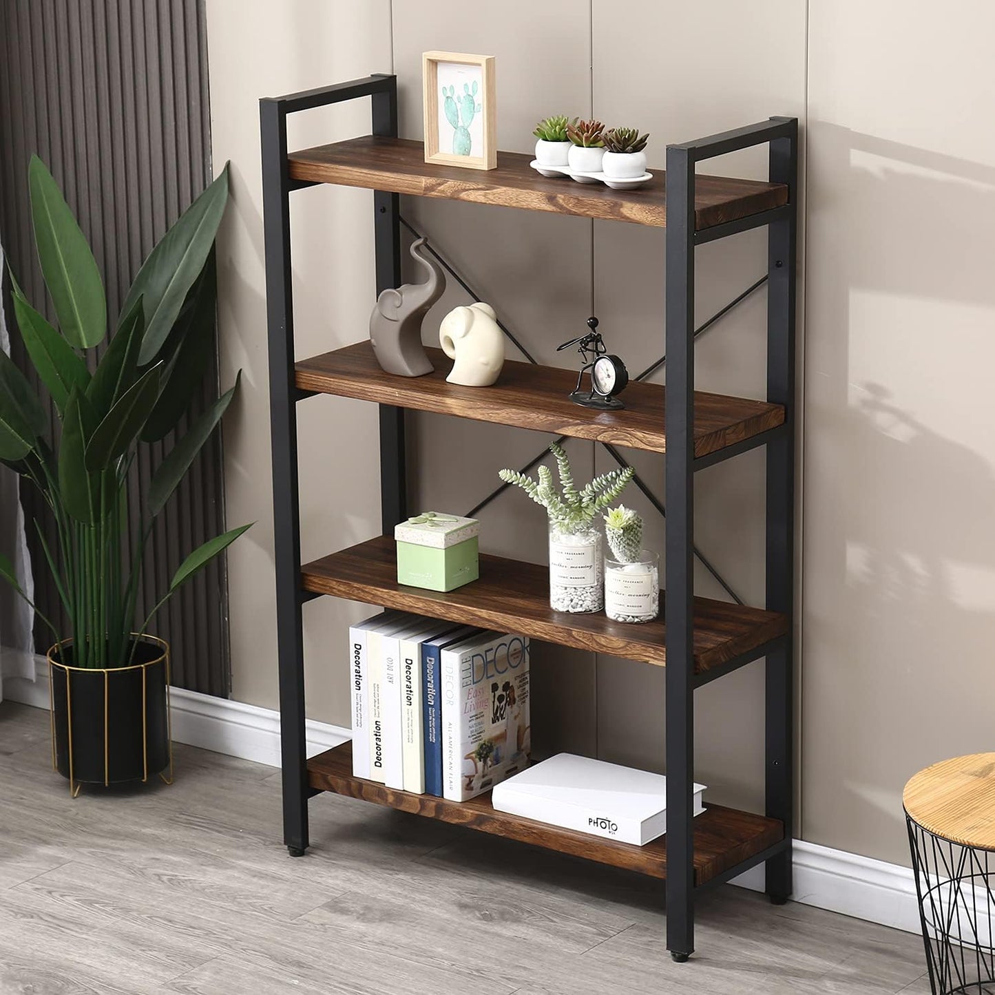 Solid Wood Bookshelf, 4-Tier Rustic Vintage Industrial Etagere Bookcase, Open Metal & Wood Vintage Book Shelf, Retro Brown