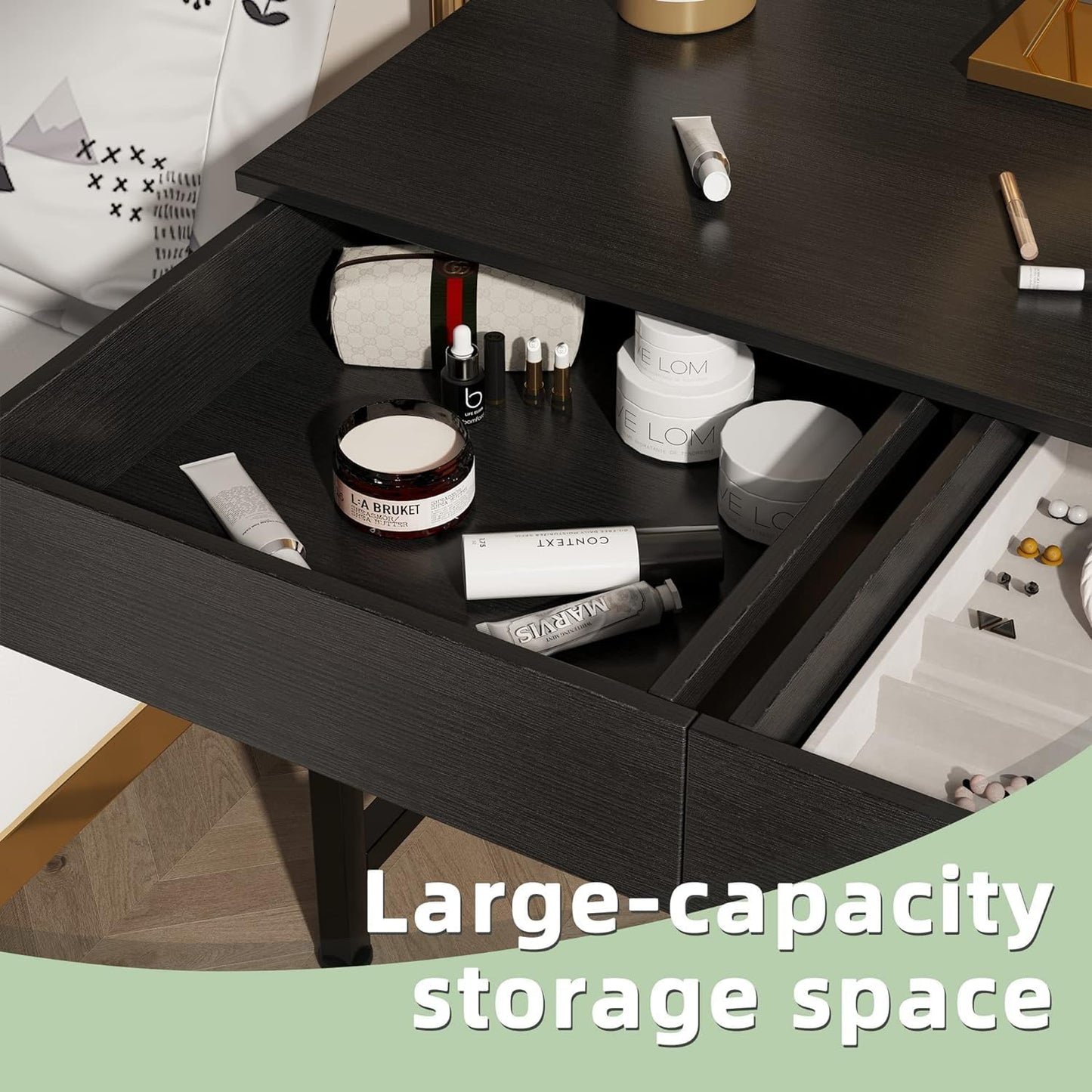 CAIYUN Small Computer Desk with Drawers, 39.4 Inch Home Office Desks with Storage, Simple Modern Kids Desk, Vanity Desk for Bedroom, Work Study Writing Desk Table for Small Spaces (Black, Wooden)