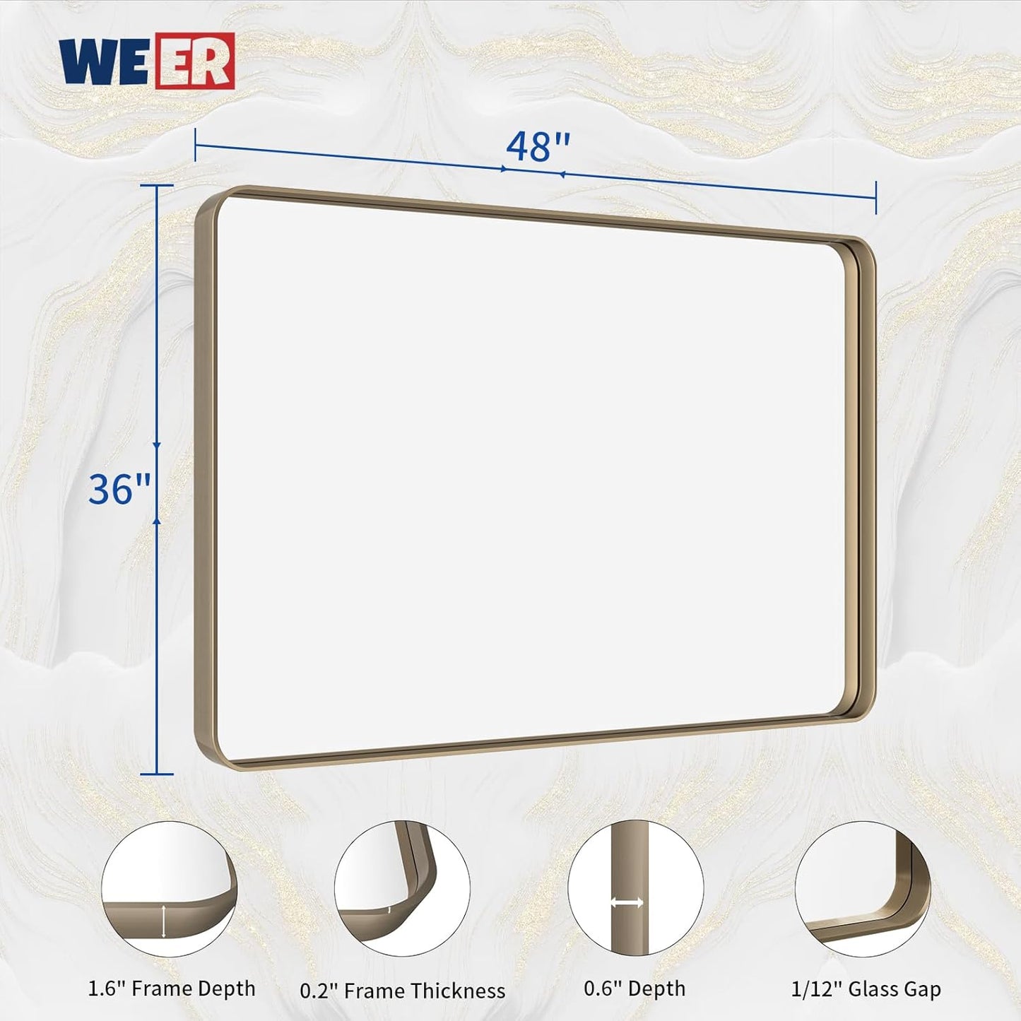 WEER Bronze Bathroom Mirror 48x36 Inch, Farmhouse Oil Rubbed Bronze Mirror for Wall, Aluminum Alloy Brushed Bronze Metal Frame Mirror for Vanity, Tempered Glass, Anti-Rust (Horizontal/Vertical)