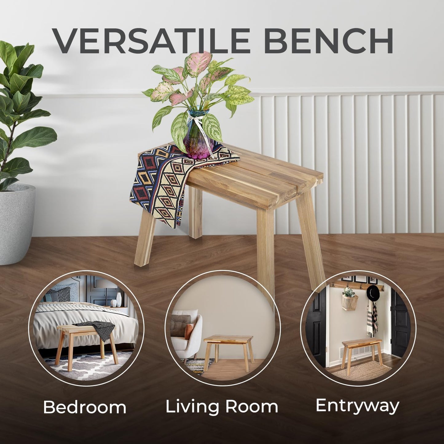 Bench 100% Solid Acacia Wood, Backless, Wax Galvanized Finish, Easy Assembly, End Table Wooden Bench Furniture for Plant, Dining Room, Entryway, Indoor (26 inches)