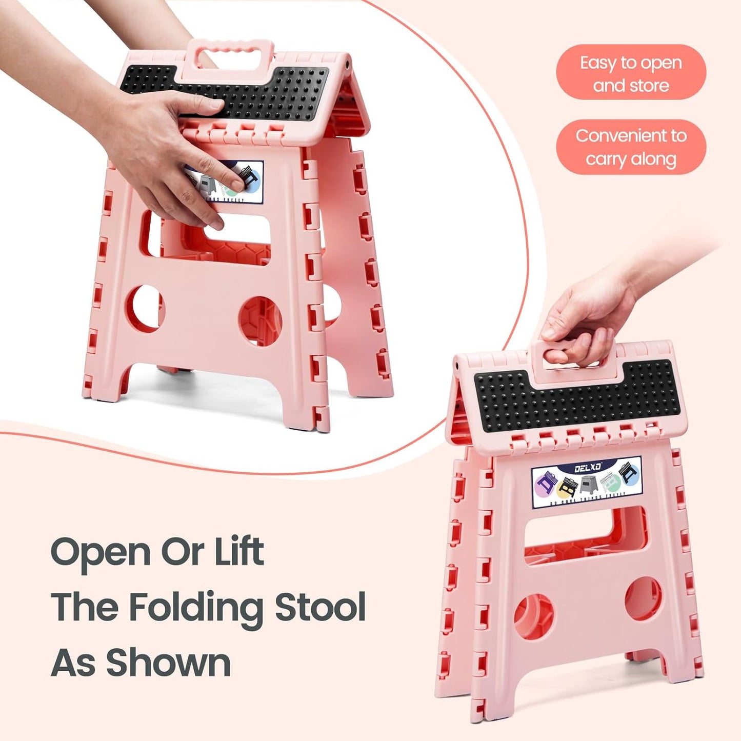 Delxo Folding Step Stool 13 Inch,Non-Slip Foldable Stools for Up to 300 LBS,Kitchen Collapsible Fold Up Stepping Stool with Dotted 1 Pack,Pink