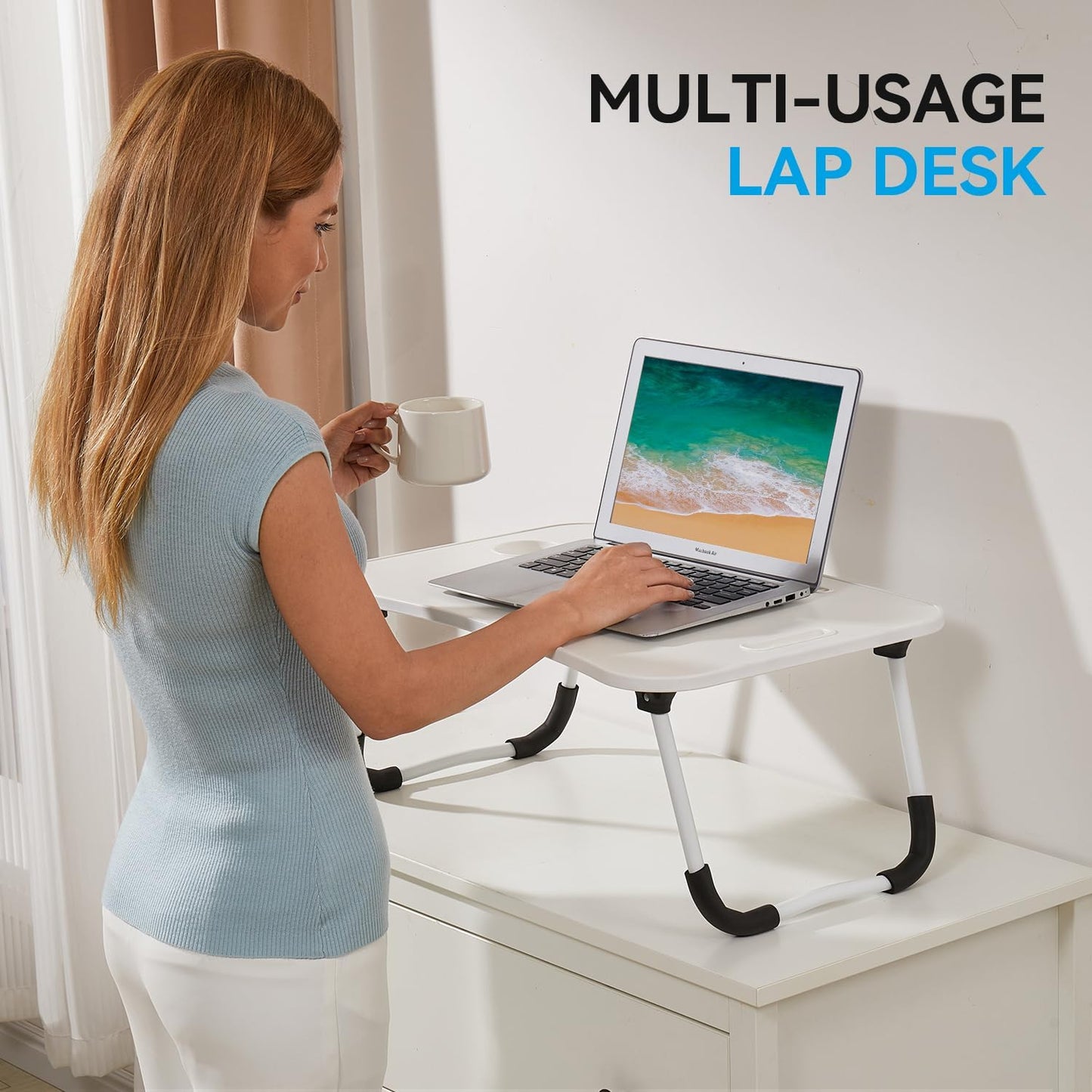 BUYIFY Folding Lap Desk, 23 Inch Portable Wood White Laptop Bed Desk Lap Desk with Cup Holder, for Working Reading Writing, Eating, Watching Movies for Bed Sofa Couch Floor