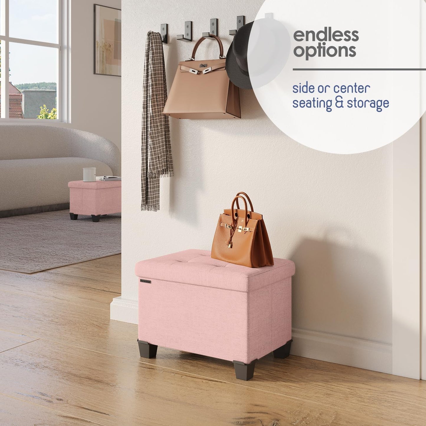 STORAGEBUD Storage Ottoman Cube with Small Bin, 16-in Square Ottoman with Storage for Living Room and Bedroom, Small Ottomans Foot Rest, Fabric Foot Stools Ottomans Max 330lbs, Pink