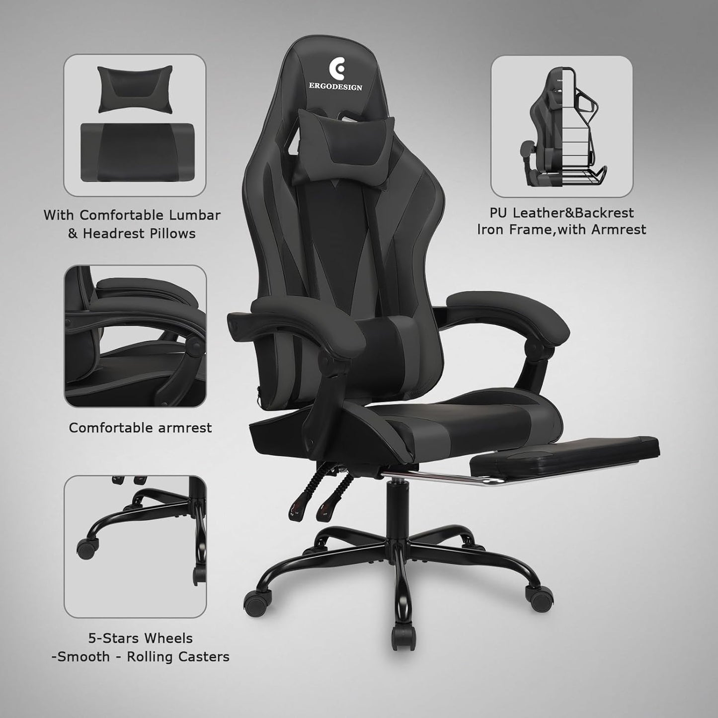 Gaming Chair with Linkage Armrest & Footrest, High Back Video Gaming Chair, Black/Grey