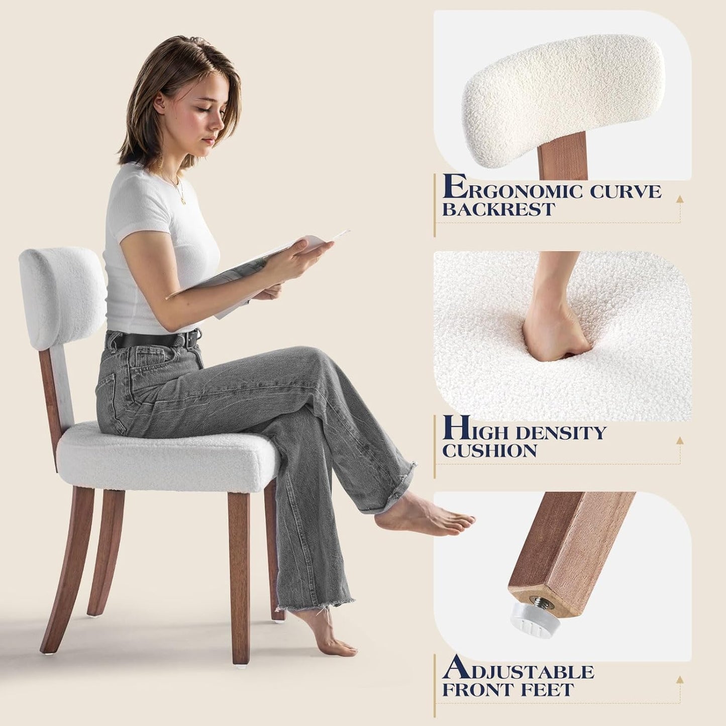 Farmhouse Chair Set of 2, Mid Century Modern Dining Chairs, Sherpa Upholstered Kitchen Chairs with Curved Backrest & Adjustable Legs for Living Room/Bedroom, Easy to Install, White Sherpa