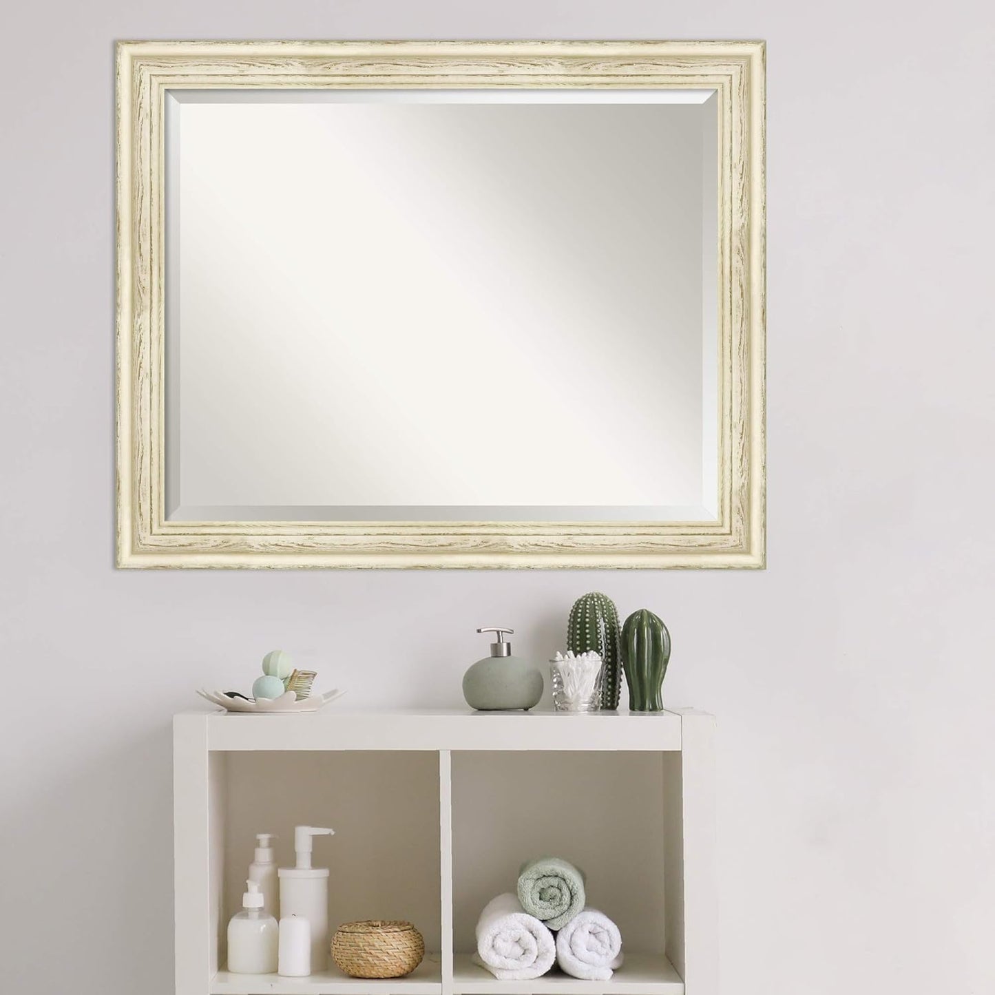 Amanti Art White Bathroom Mirror for Over Sink, 27x33 Country White Wash Rectangle Vanity Mirror, Large Rustic Farmhouse Wood Frame, Hangs Horizonally and Vertically, Bathroom Wall Decor, Beveled Edge