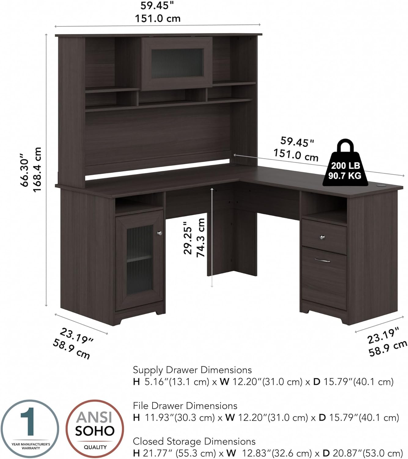 Bush Furniture Cabot L Shaped Desk with Hutch | Corner Desk with Storage for Home Office in Heather Gray | 60W L Shaped Computer Desk