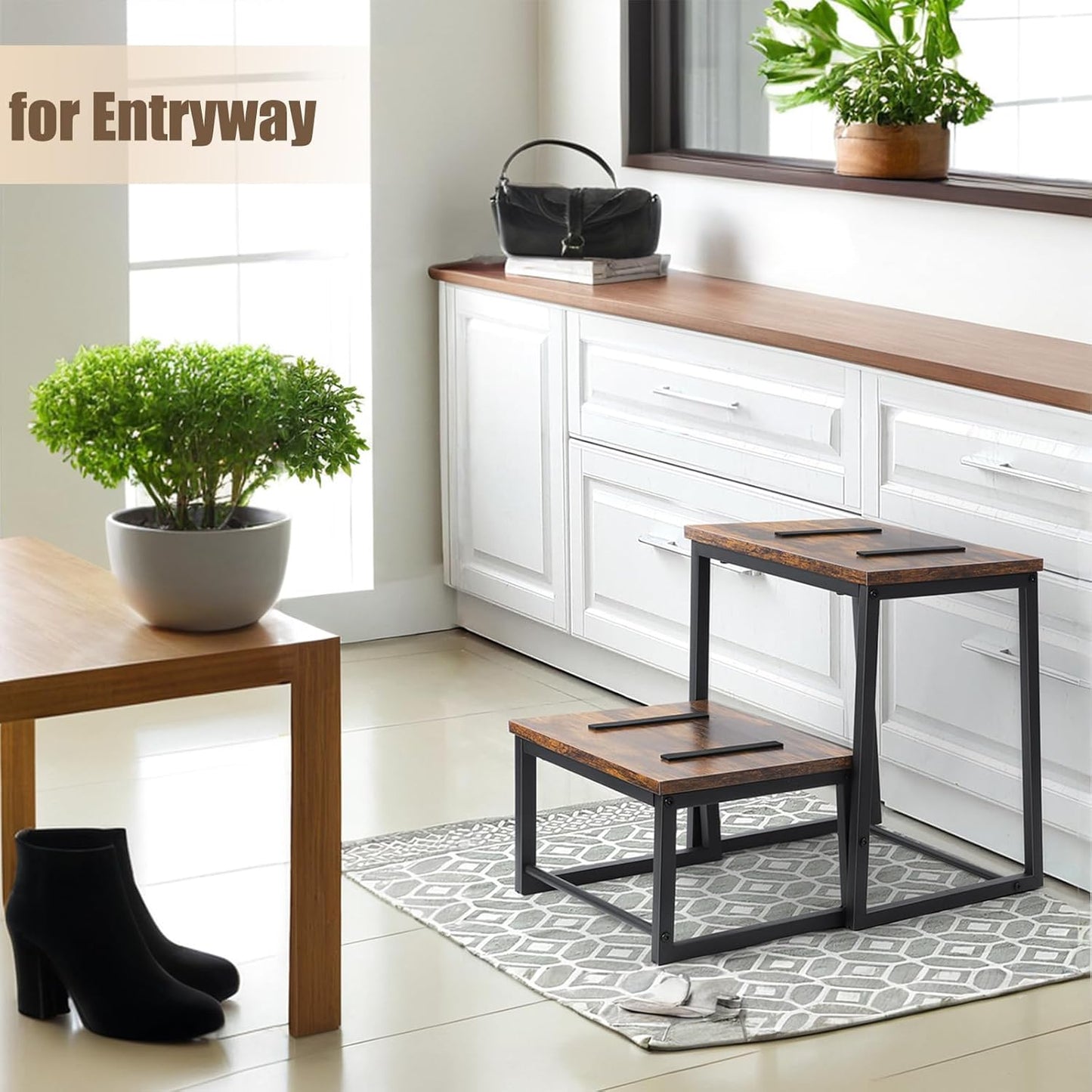 Vrisa Wood Step Stool for Adults Bedside Steps for High Beds Two Step Stools with 550Lbs Load Capacity Heavy Duty RV Stepping Stool for Kitchen Bedroom Living Room, Rustic Brown