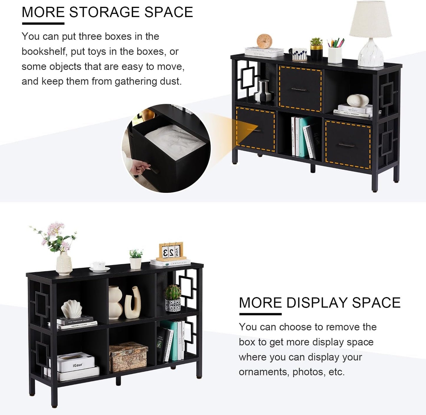 HOMISSUE 6 Cube Storage Organizer Shelf, Rustic Short Bookshelf with 3 Storage Bins, Industrial Horizontal Bookshelf with Metal Frame, Low and Wide Cube Bookcase for Living Room and Office, Black