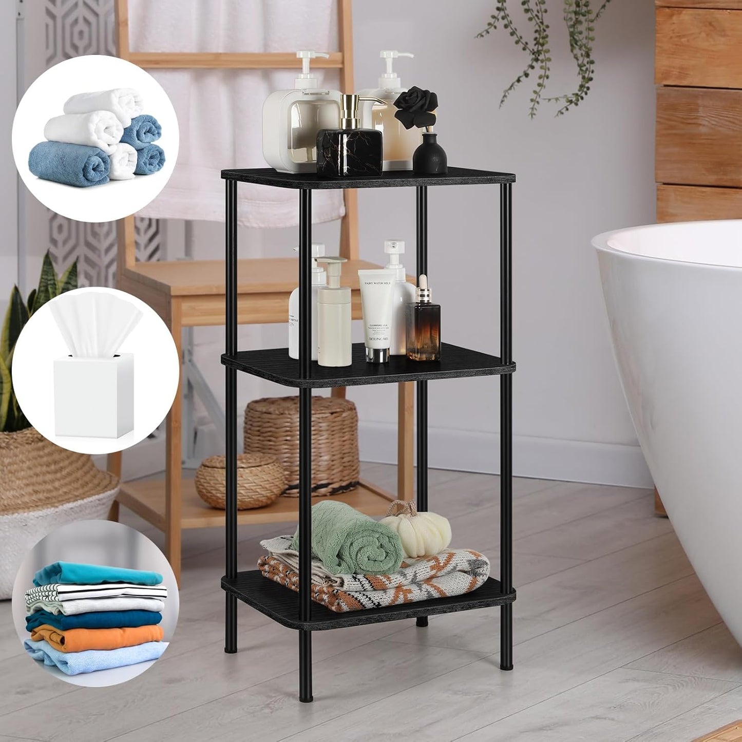 smusei 3 Tier Small End Table Tall Telephone Table with Storage Shelves Black Sidetable for Small Spaces Tall Night Stand Table for Bedroom, Living Room, Office, Sofa Couch