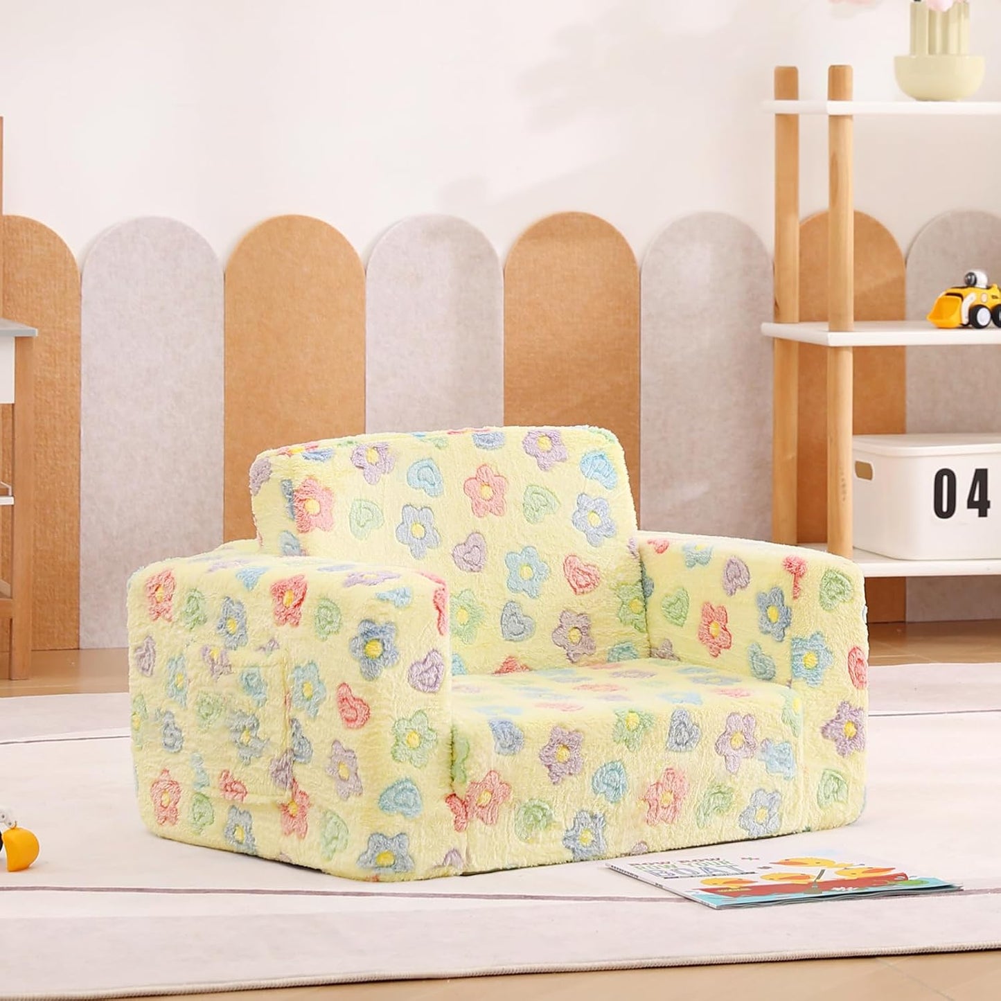 Tiita 2-in-1 Kids Sofa, Convertible Children Couch to Lounger, Flip Out Kids Chair, Toddler Armrest Chair Bed, Folding Kid Play Sofa for Girl or Boy, Flower