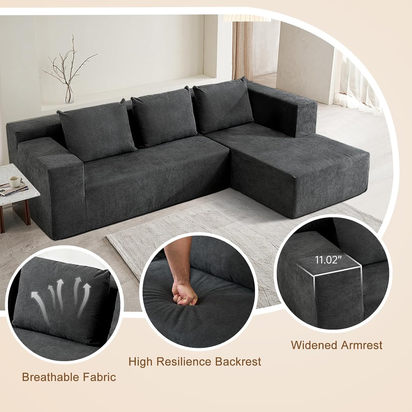 ANONER 103” Cloud Sectional Sofa L-Shaped Boneless Couch, Modern Minimalist Modular Free Combination Foam Sofa with Deep Seat for Living Room, No Assembly Required, Dark Grey