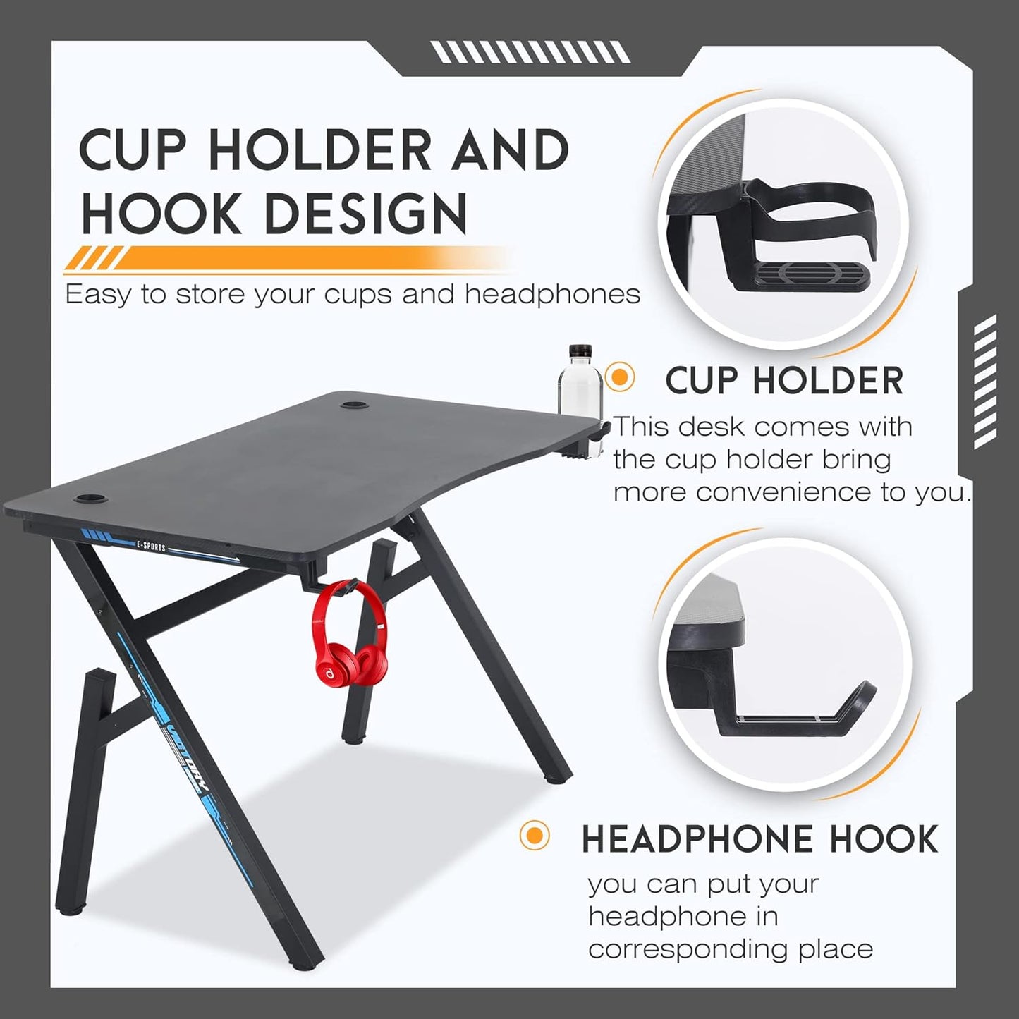 BestOffice Gaming Desk Computer Desk 47"x 23" Home Office Desk Extra Large Modern Ergonomic Black PC Carbon Fiber Table Gamer Workstation with Cup Holder Headphone Hook,Blue