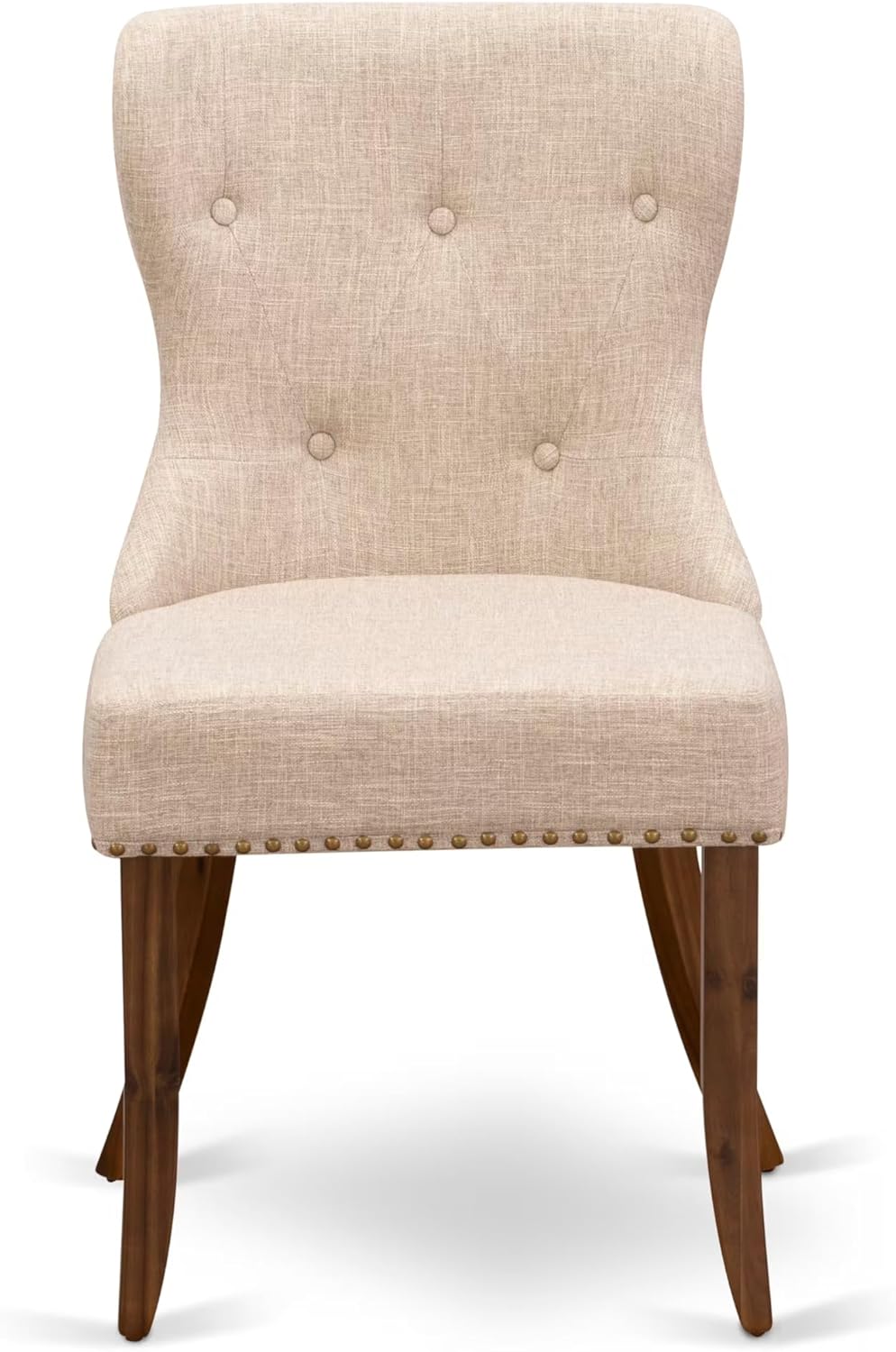 F3SI7-50N-04 7-Pc Kitchen Table Set consists of a Pedestal Table and 6 Light Tan Polyester Padded Chairs with Button Tufted- Antique Walnut