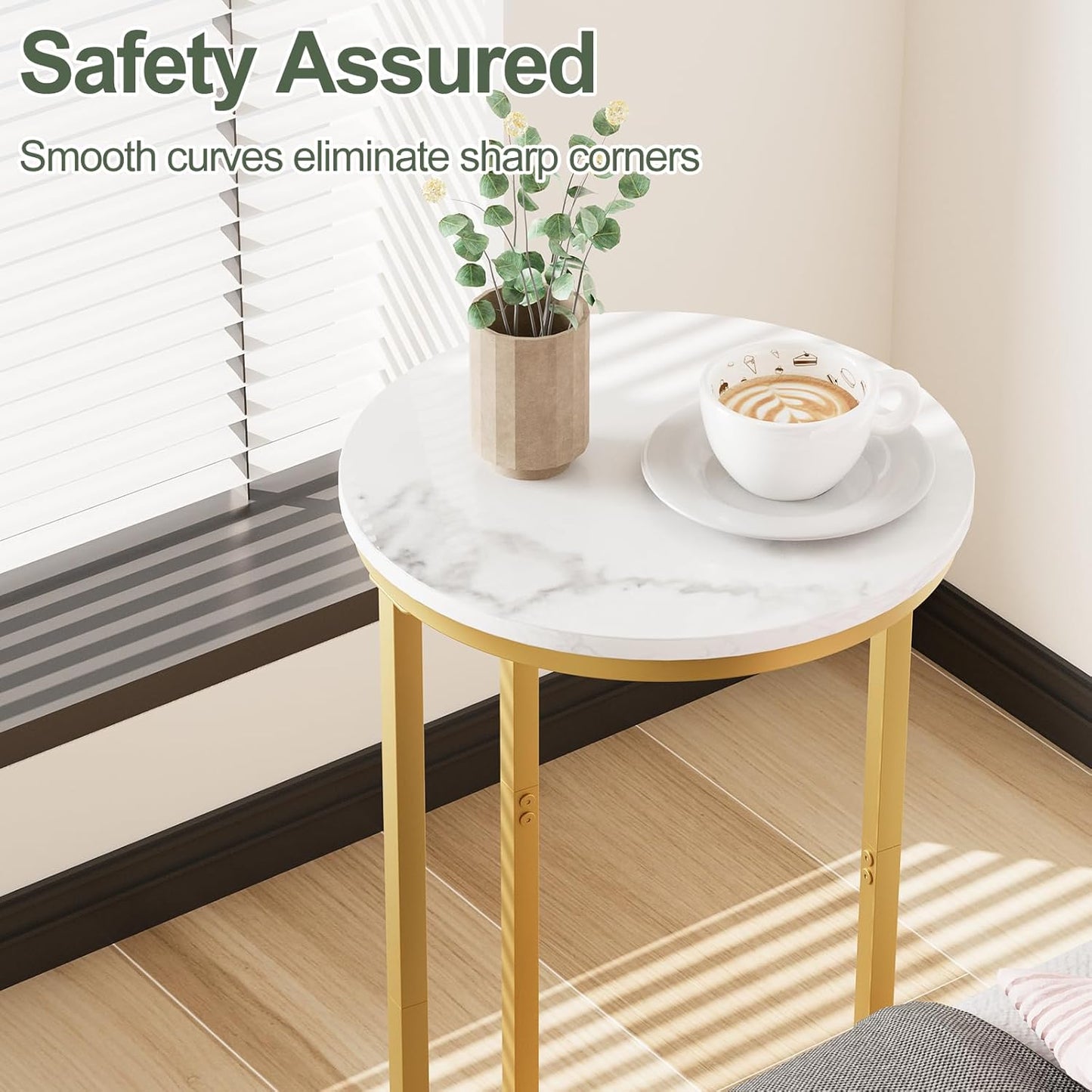 C Shaped End Table, Couch Side Tables for Living Room, Round Sofa End Table with Metal Frame, Small Wooden Snack Table for Bedroom, Small Spaces, Easy Assembly (Gold)