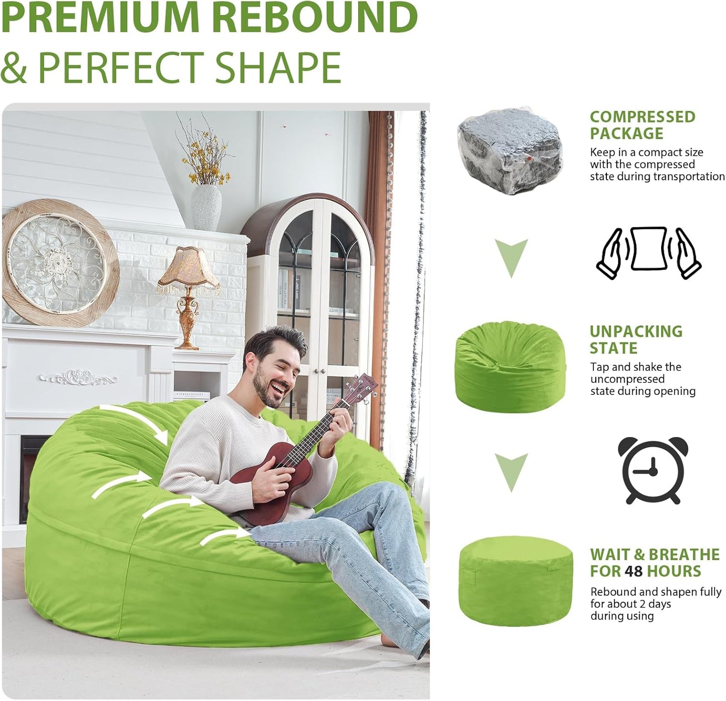 5FT Bean Bag Chair, Large Bean Bag Chairs with Memory Foam Filled, Fluffy Beanbag Sofa with Dutch Velvet Cover, Round BeanBag Chairs for Living Room, Playroom - Lime