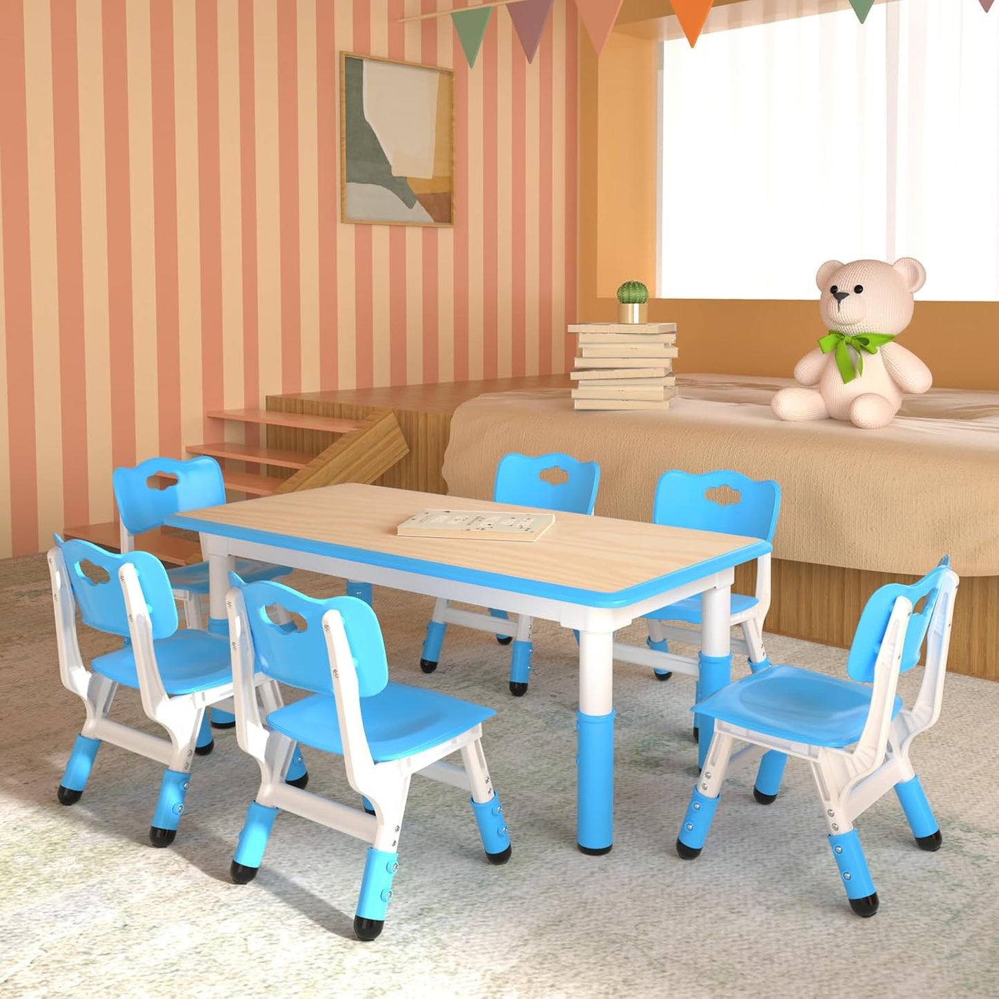 Kids Table and 6 Chairs Set,Height Adjustable Children Table & Chair,Toddlers Study Multi-Activity Table with 47.2"x23.6" Wipe-Clean Desktop,for Classrooms, Homes & Daycares