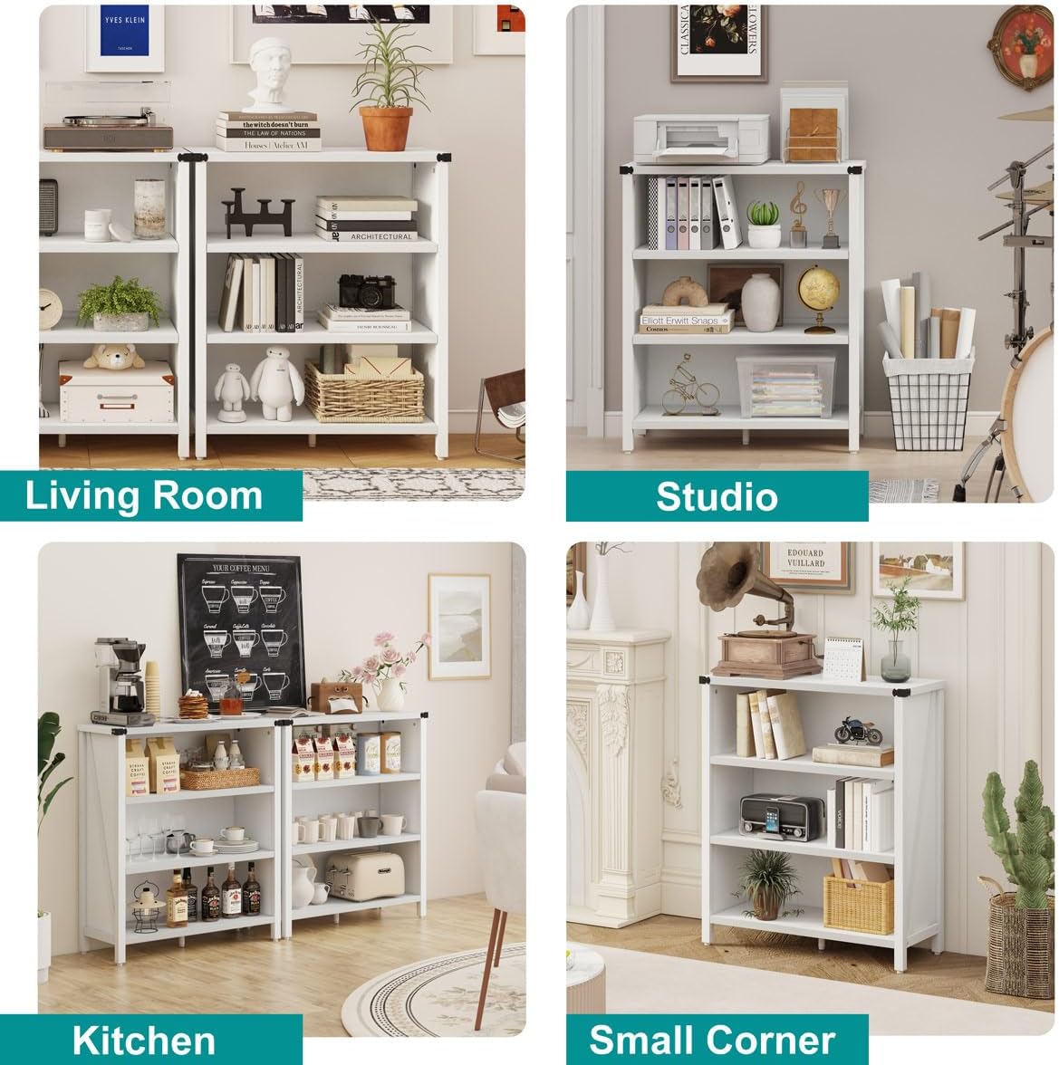 BON AUGURE White Bookcase, 3 Shelf Bookshelf, Farmhouse Wooden Book Cases/Shelves, Small Open Storage Book Shelves for Home School Library Office Bedroom Kids (White Oak)