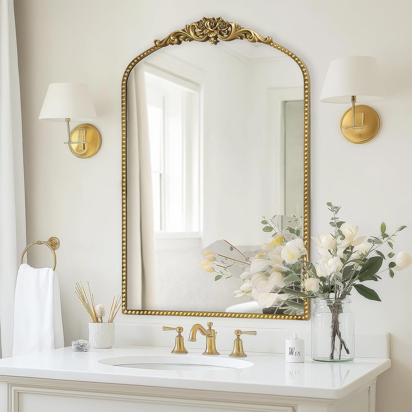 AIXI HOME Vintage Gold Arched Mirror 24"x36", Traditional Arendahl Antique Mirror with Ornate Metal Frame, Baroque Wall Mounted Mirrors for Entryway/Bathroom/Living Room/Hallway/Bedroom