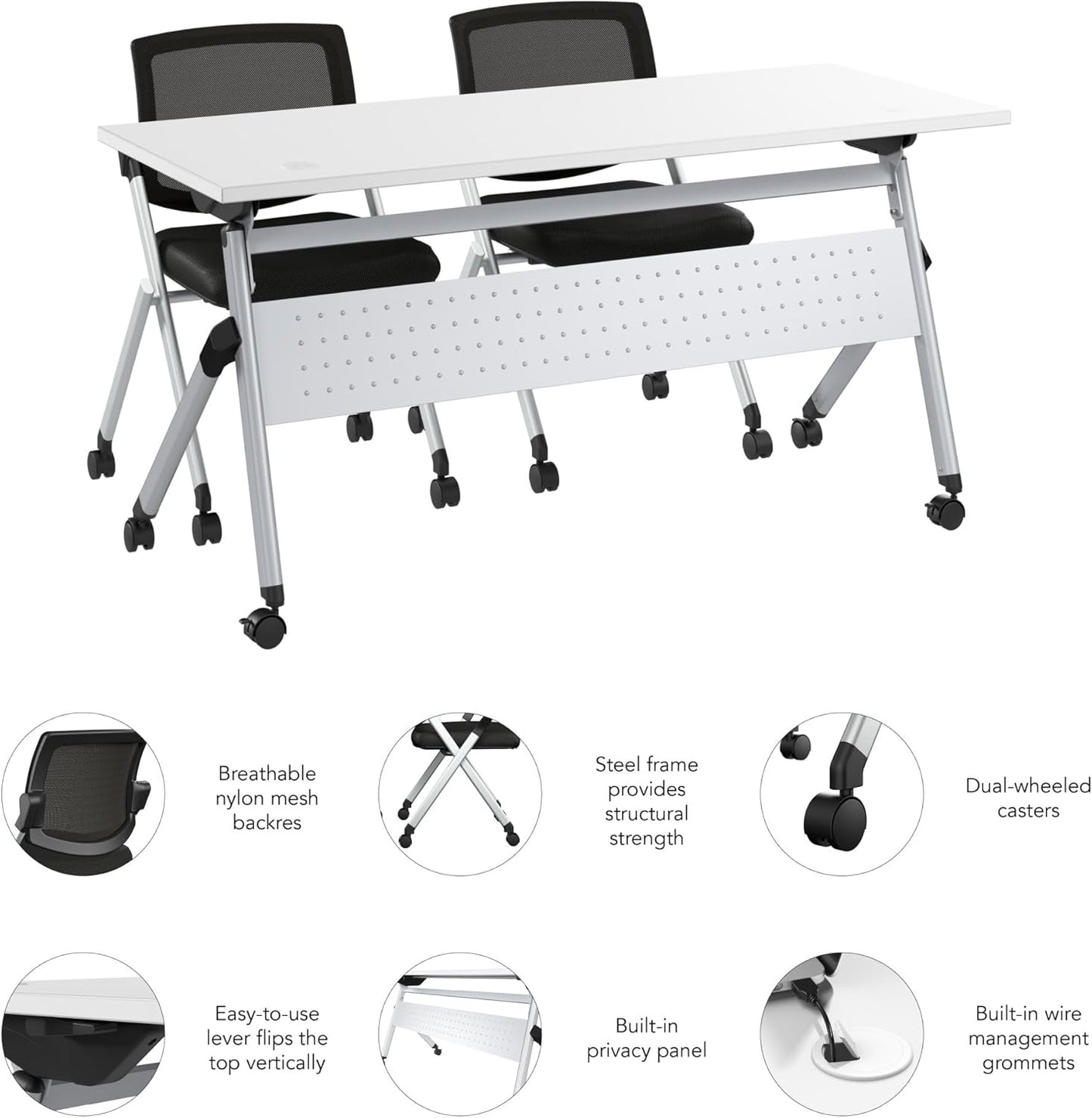 Bush Business Furniture Folding Training Table Set for 2, 60 inch, 2 Mesh Back Folding Chairs, Commercial-Grade Bundle for Office or Classroom, Envision Collection, White