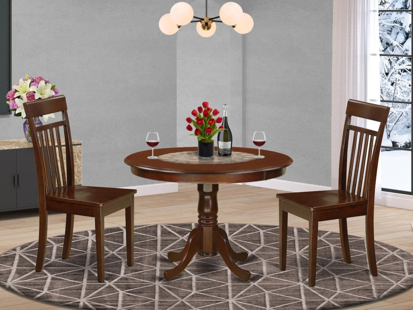 East West Furniture HLCA3-MAH-W 3 Piece Kitchen Table Set for Small Spaces Contains a Round Dining Room Table with Pedestal and 2 Dining Chairs, 42x42 Inch, Mahogany