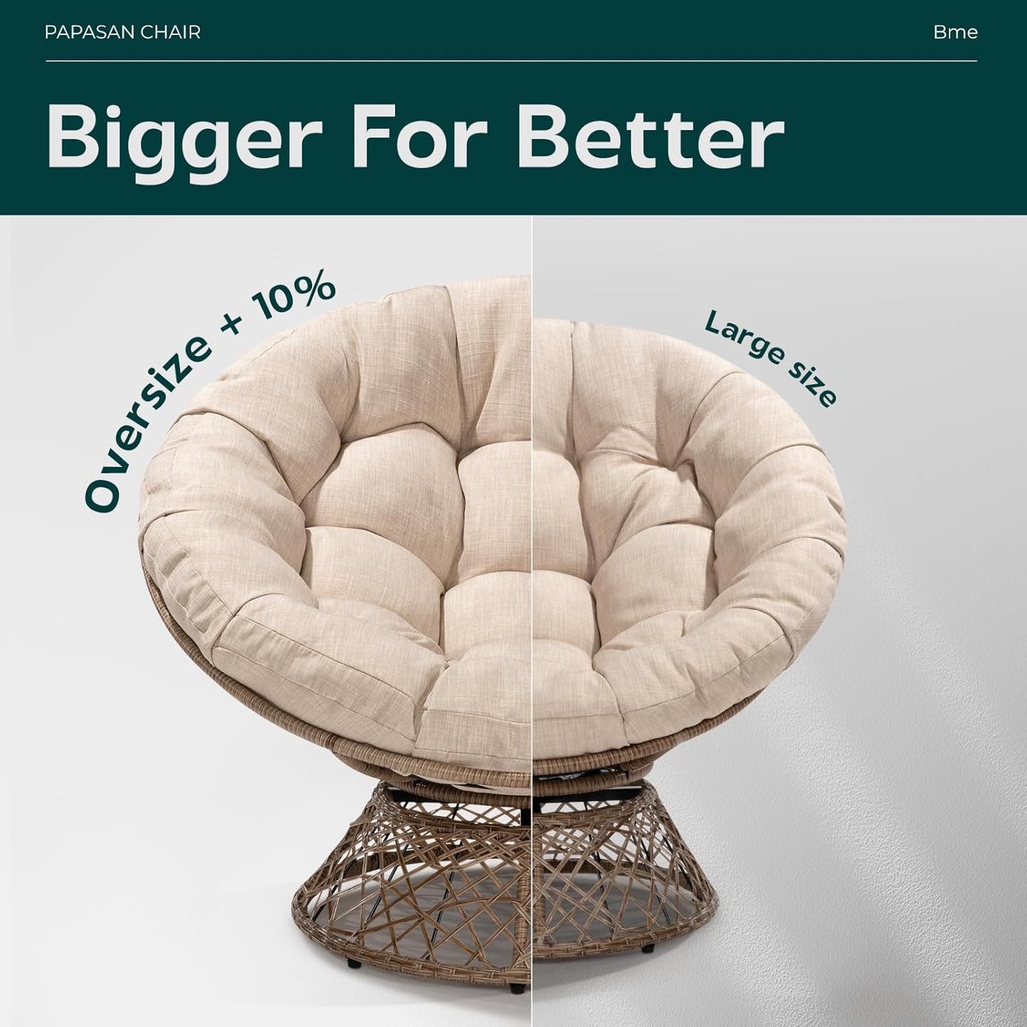 Bme 46" Large Size Ergonomic Wicker Papasan Chair with Soft Thick Density Fabric Cushion, Bee-Designed Base, High Capacity Steel Frame, 360 Degree Swivel for Living, Bedroom,...