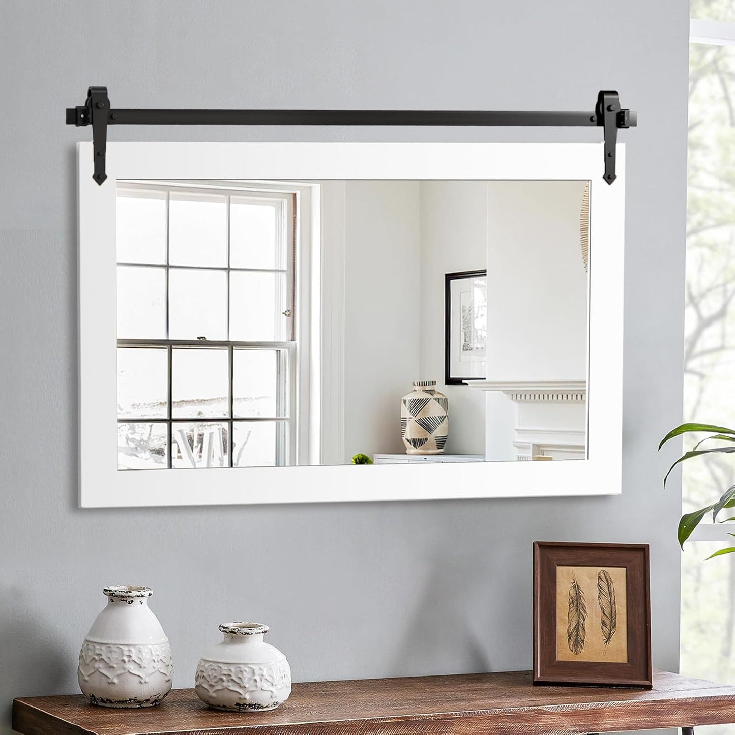 Farmhouse Barn Door Mirror - 42" x 28" Rustic Wood Framed Wall Mirror for Bathroom, Living Room, Bedroom Wall Decor (Bright White)