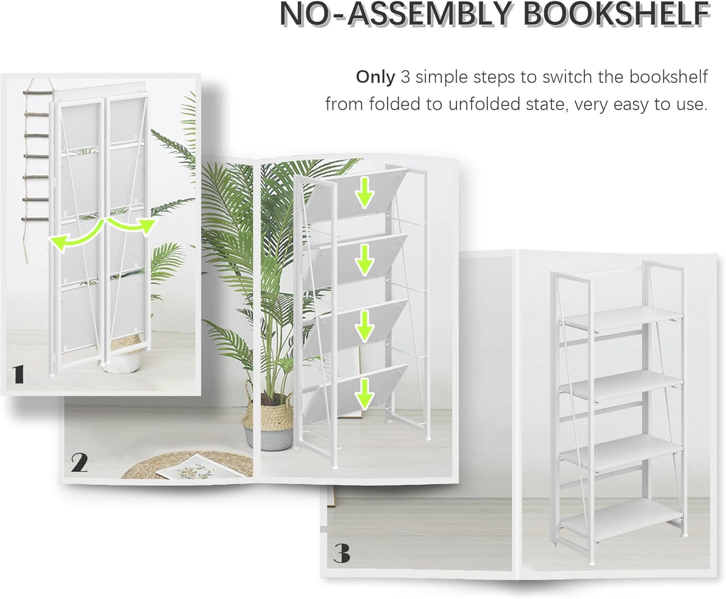 4NM No-Assembly Folding Bookshelf Storage Shelves 4 Tiers Vintage Bookcase Standing Racks Study Organizer Home Office (All White)