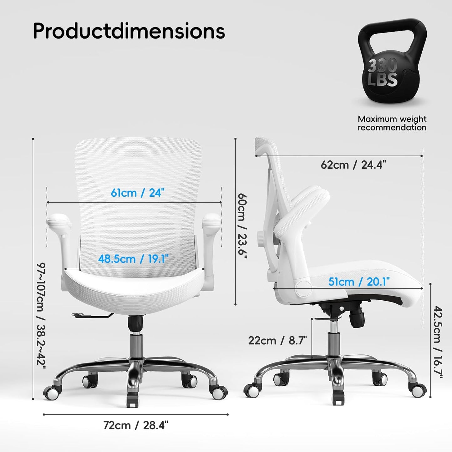 Home Office Ergonomic Chair-Computer PU Leather X-Shaped Desk Chair-Gaming Chair with Adjustable Flip-up Armrests Lumbar Support Mesh Executive Chair for Long Hours Office (White)