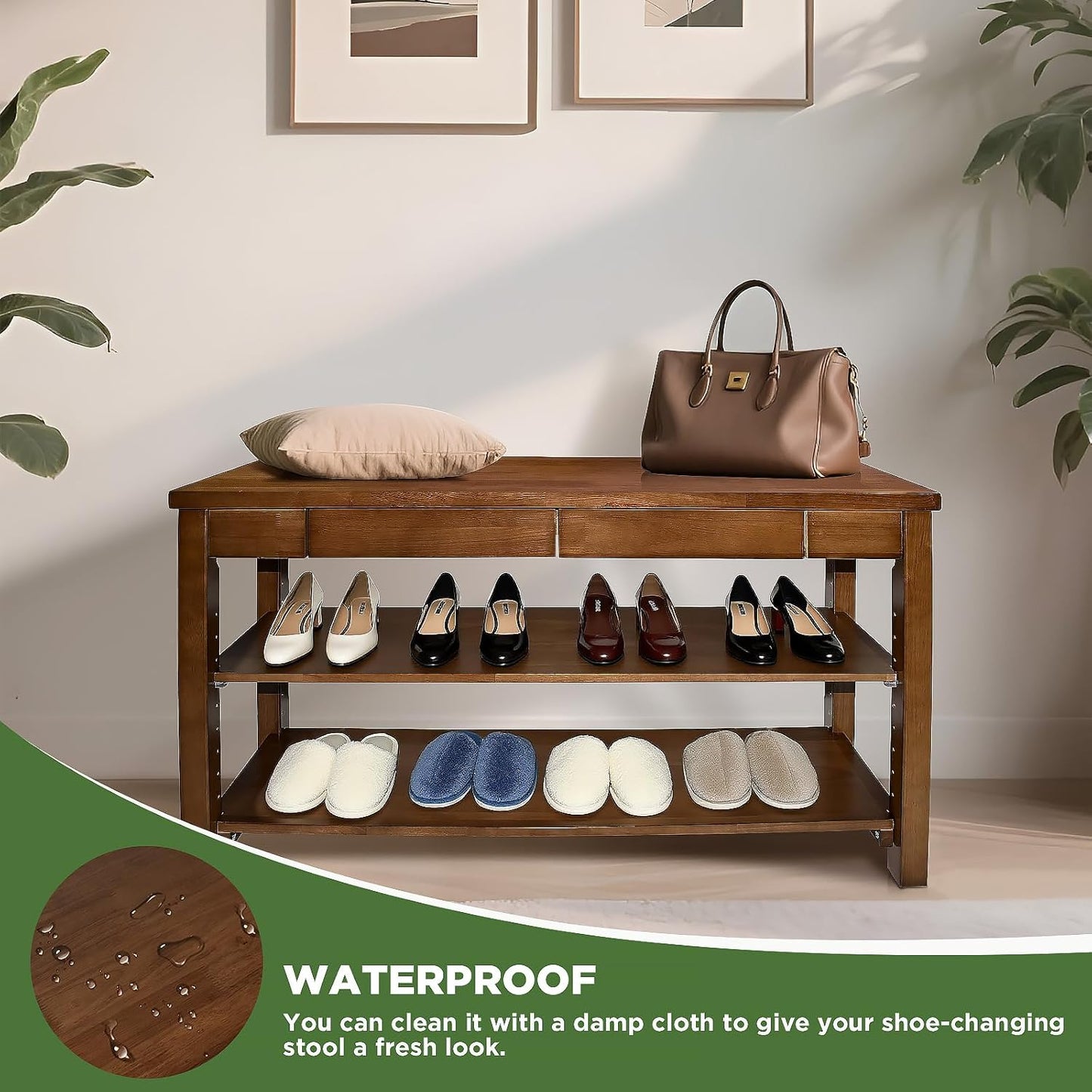 Wood Shoe Bench Entryway with Drawer: 2-Tiers Wooden Storage Shoe Rack with Bench Seat, Compact Mid-Century Modern Design for Entryway, Hallway, Closet, Front Door Entrance, Foyer 43.3" Walnut