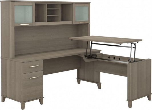 Bush Furniture Somerset 3 Position Sit to Stand L Shaped Desk with Hutch in Ash Gray Ergonomic Height Adjustable Standing Computer/Laptop Table for Home Office
