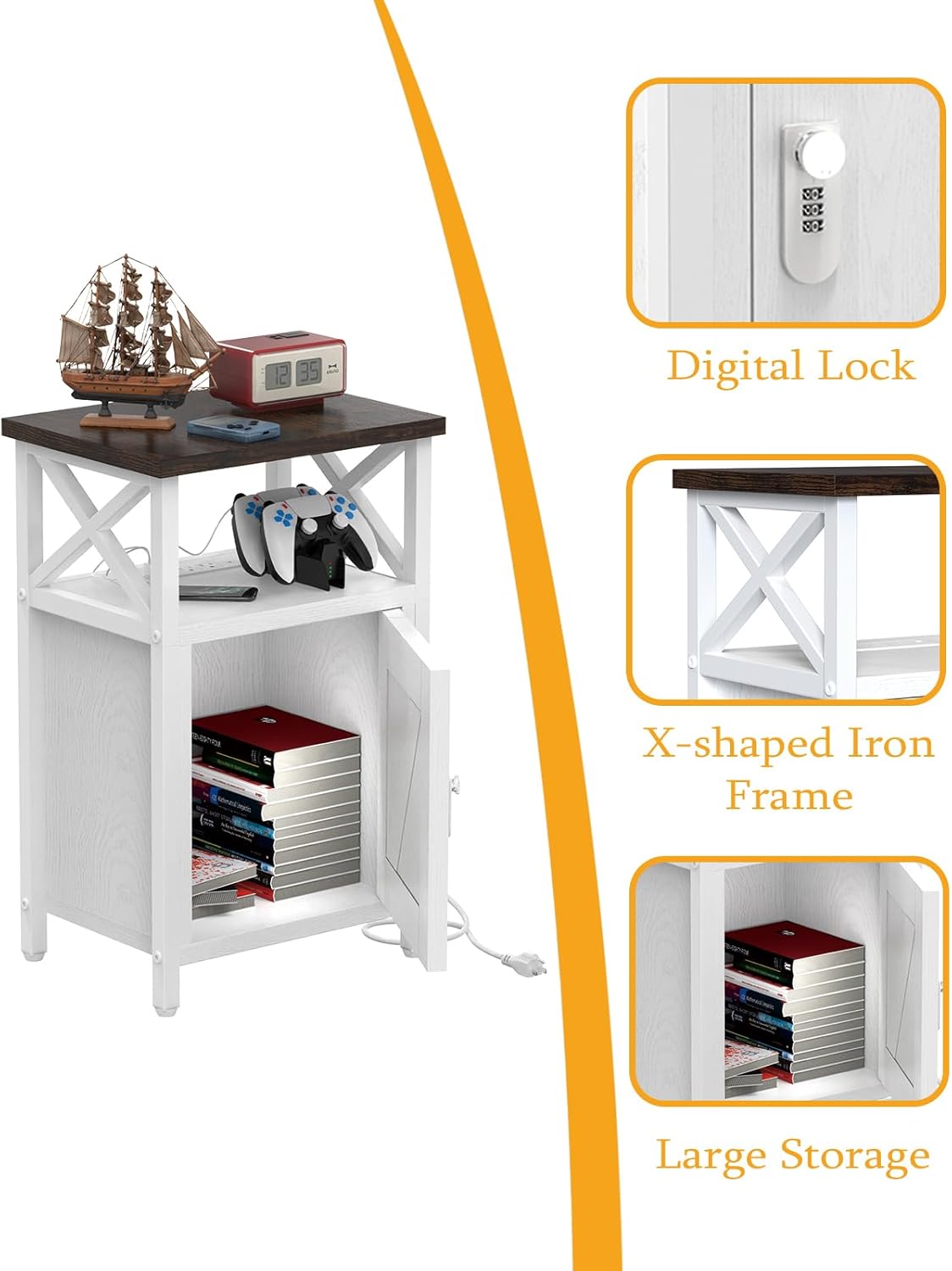 Wooden Nightstand with Lock, Bed Side Table with Drawers, Bedside Table with Charging Station, 3 USB & 2 Outlets, Night Stand with Storage, End Tables for Living Room, Bedroom, Dorm, Walnut