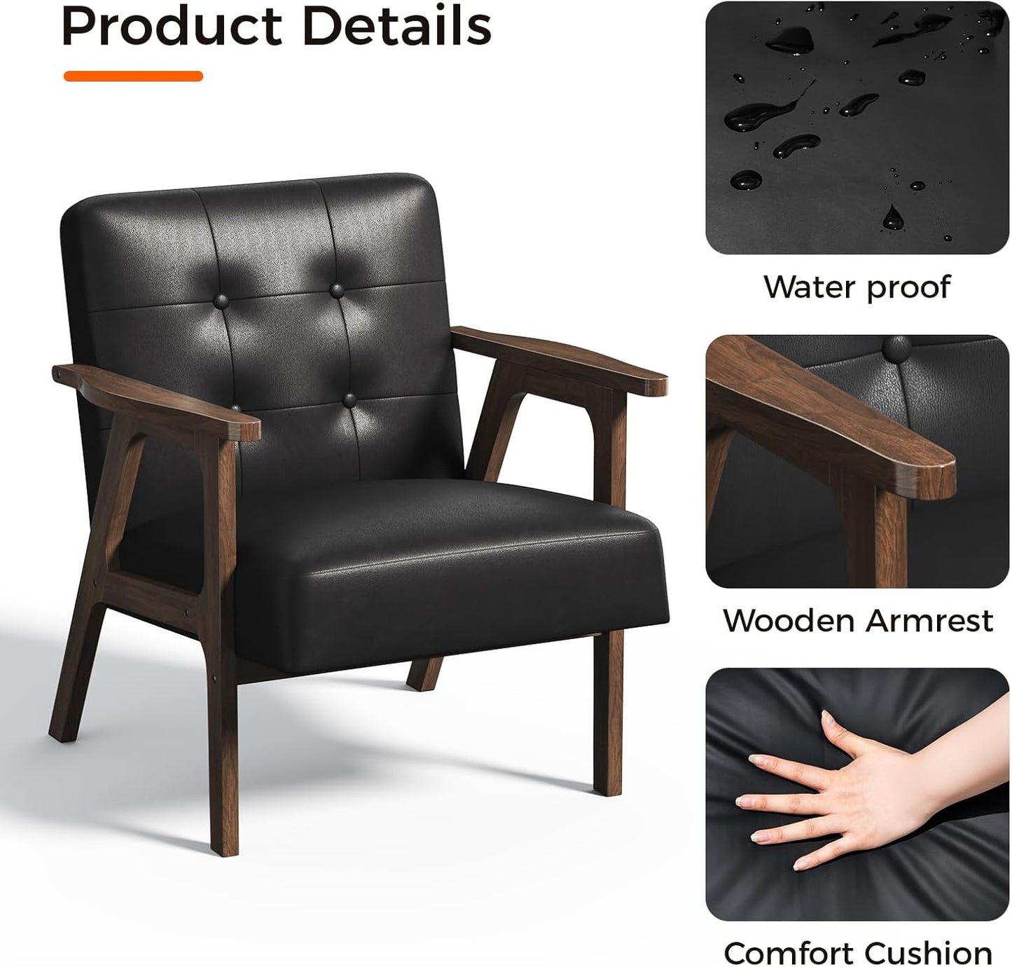 Casaottima PU Leather Accent Chair Mid Century Comfy Cozy Chair with Solid Wood Legs,Modern Arm Reading Chair with Button Tufted Back for Living Room Bedroom (Dark Black)