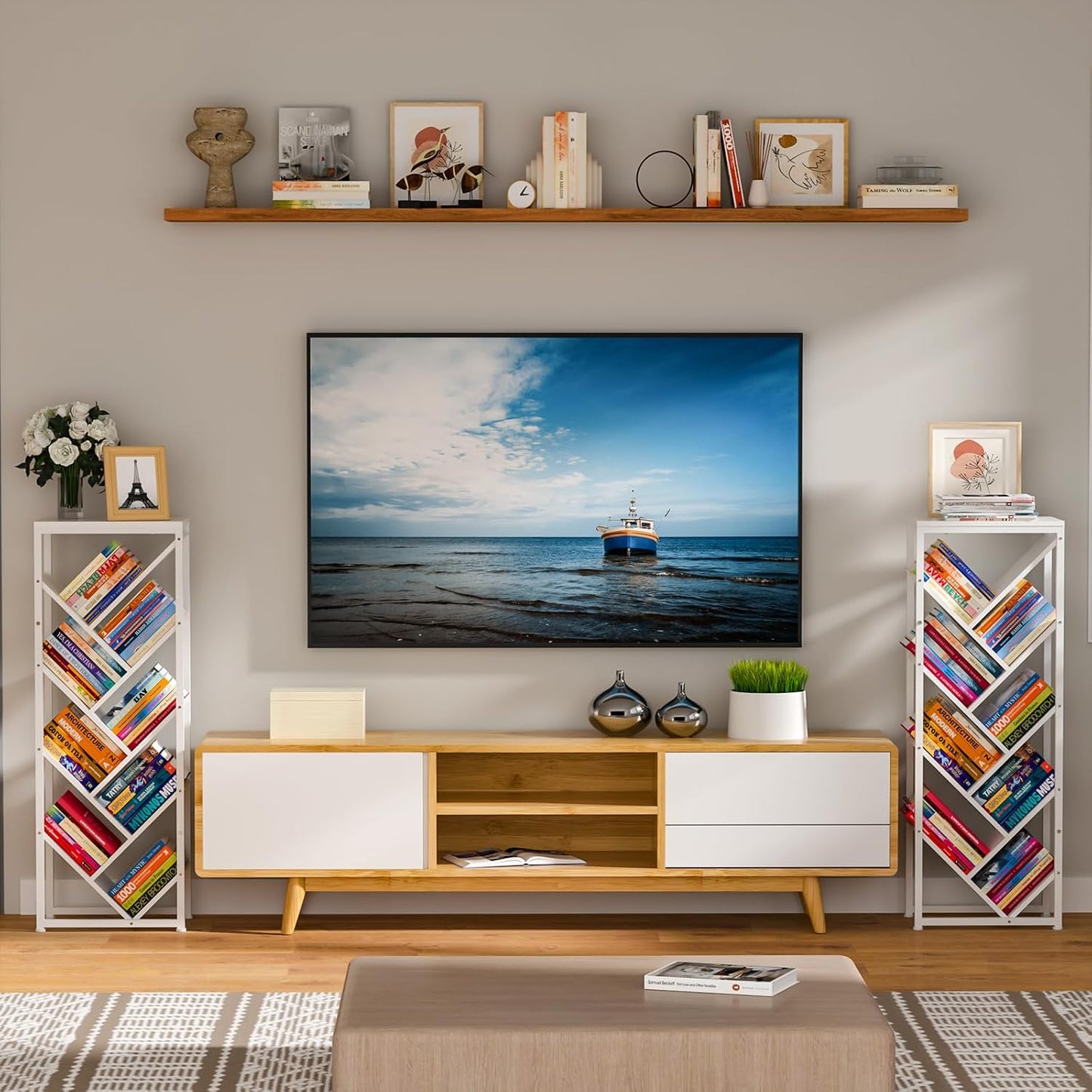 9 Tier Tree Bookshelf - White Book Shelf Floor Standing Modern Bookcase for Hardcover Books, Small Bookshelf for Small Spaces Bookshelves Wooden Book Storage Organizer Shelves for Bedroom Living Room