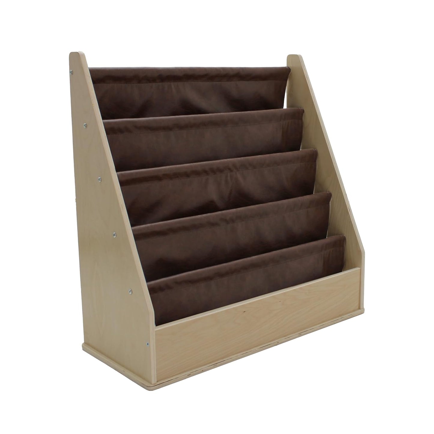 Factory Direct Partners Rustic Kid Birch Sling Book Display; Distressed Faux Leather 4-Shelf Storage for Books or Magazines; Furniture for Bedroom, Playroom, Daycare or Classroom - Walnut, 13745-323