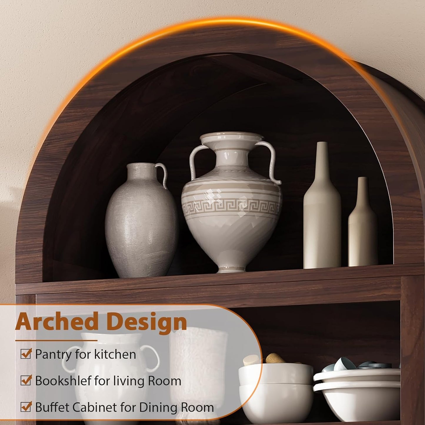 Arched Bookshelf Bookcase China Pantry Storage Cabinet with Doors and Shelves,Kitchen Pantry Cabinet,71“ Tall Food Pantry Furniture for Living Room, Dining Room (Brown)