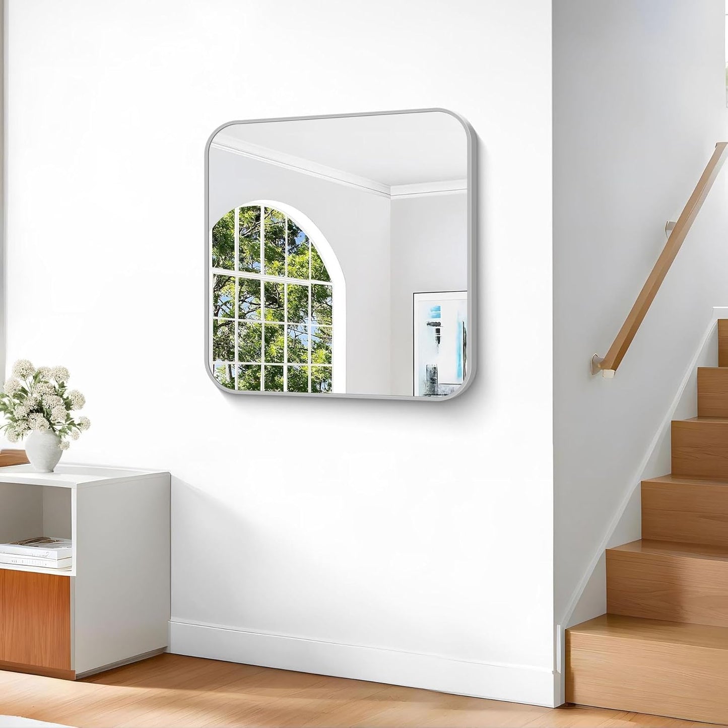 Silver Bathroom Mirror, 30 x 30 Inch Silver Square Mirror, Metal Framed Rectangular Vanity Mirror, Rounded Corner Wall Mounted Mirror for Living Room Bedroom Entryway Hangs Horizontal/Vertical